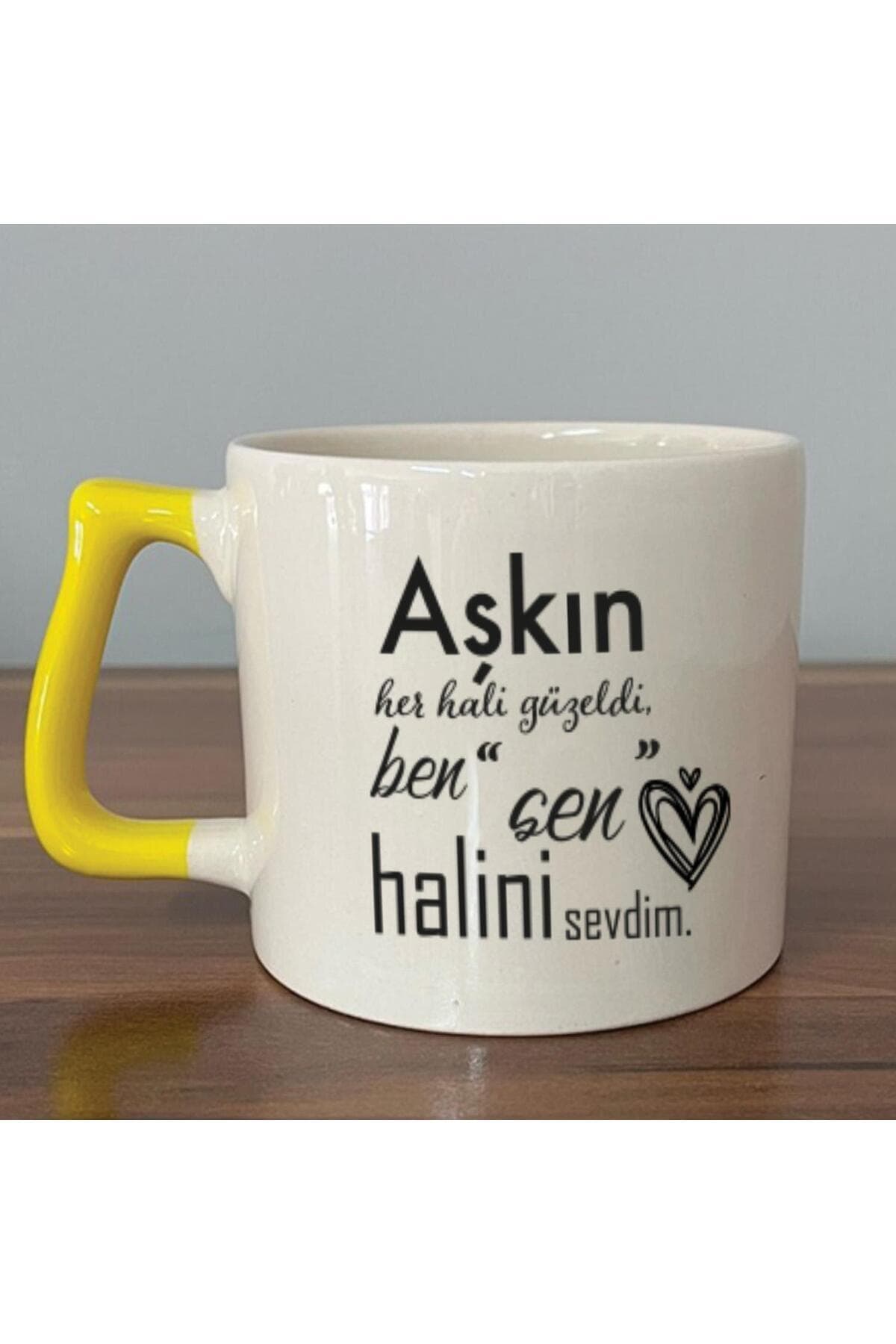 Aşkın Her Hali Güzeldi Baskılı Sarı Kulplu Prime Kupa - Sevgiliye Hediye Bardak Fincan Mug