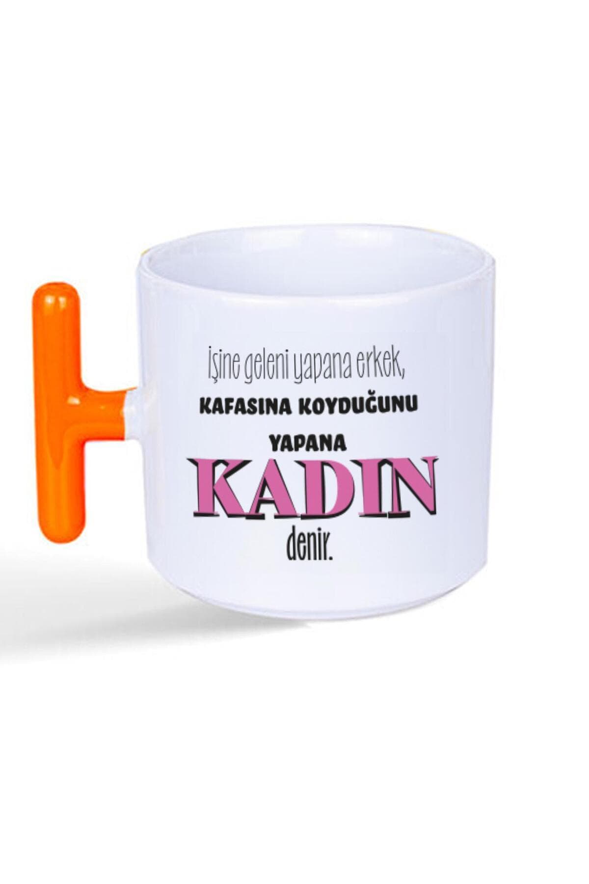 İşine Geleni Yapana Erkek Baskılı Turuncu Kulplu T Kupa - Kadınlar Günü Hediyesi Bardak Fincan Mug