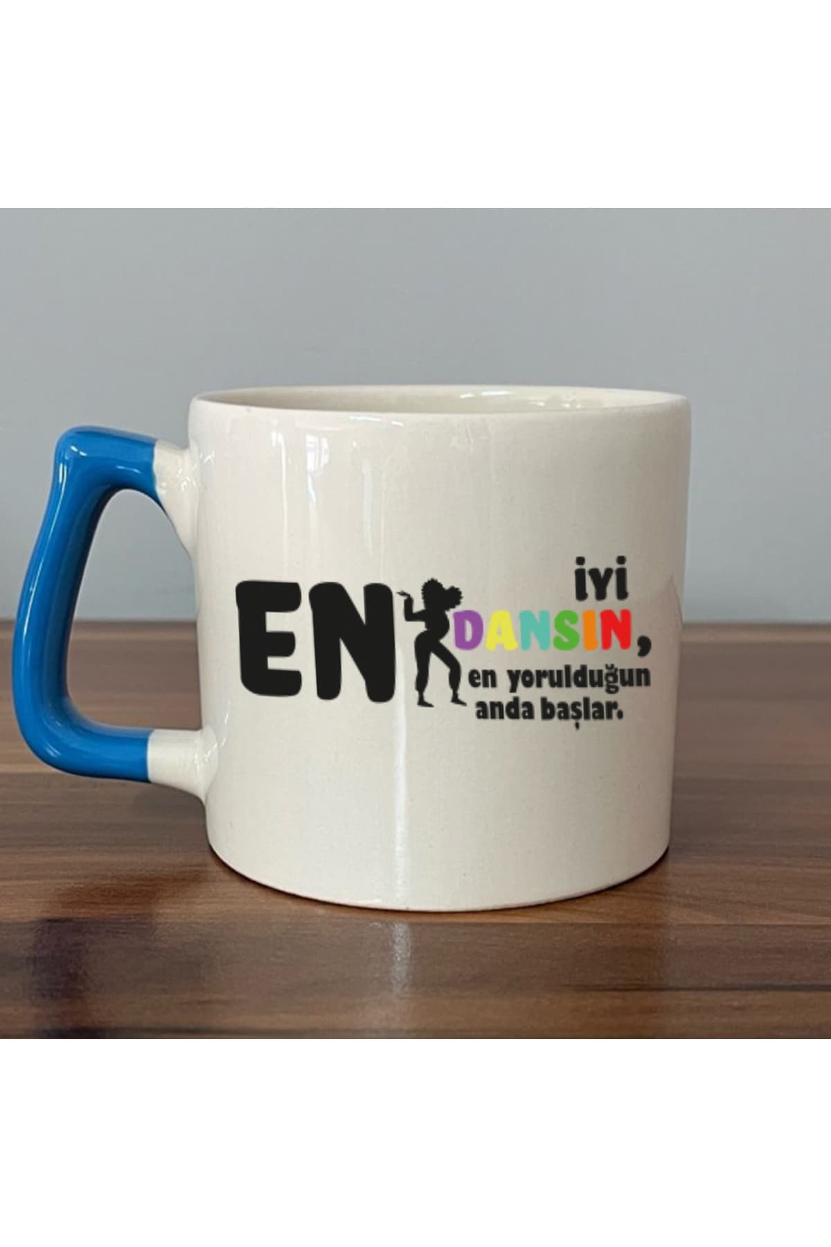 En İyi Dansın Baskılı Mavi Kulplu Prime Kupa - Kadınlar Günü Hediyesi Bardak Fincan Mug