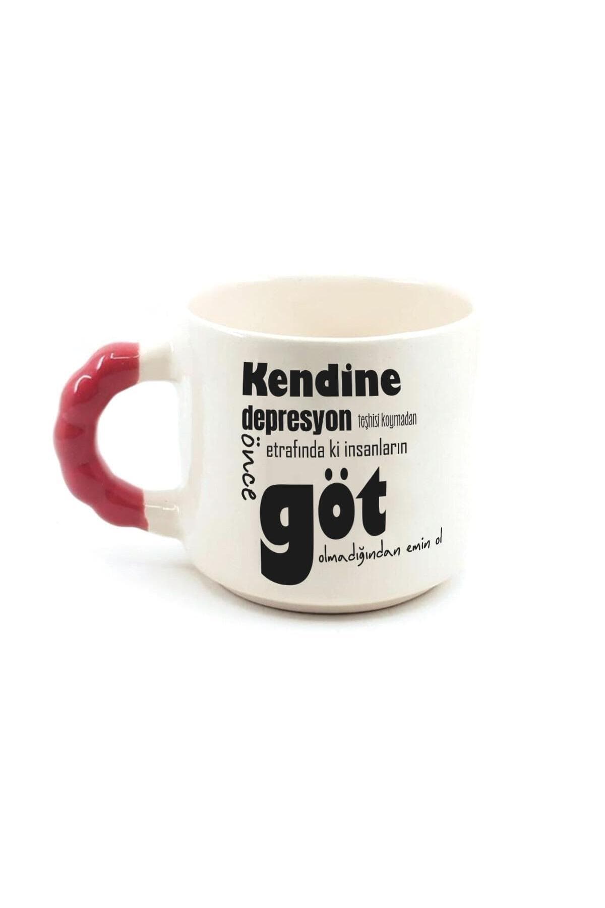 Kendine Depresyon Teşhisi Koymadan Önce Baskılı Kırmızı Kulplu Boncuk Kupa Bardak Fincan Mug