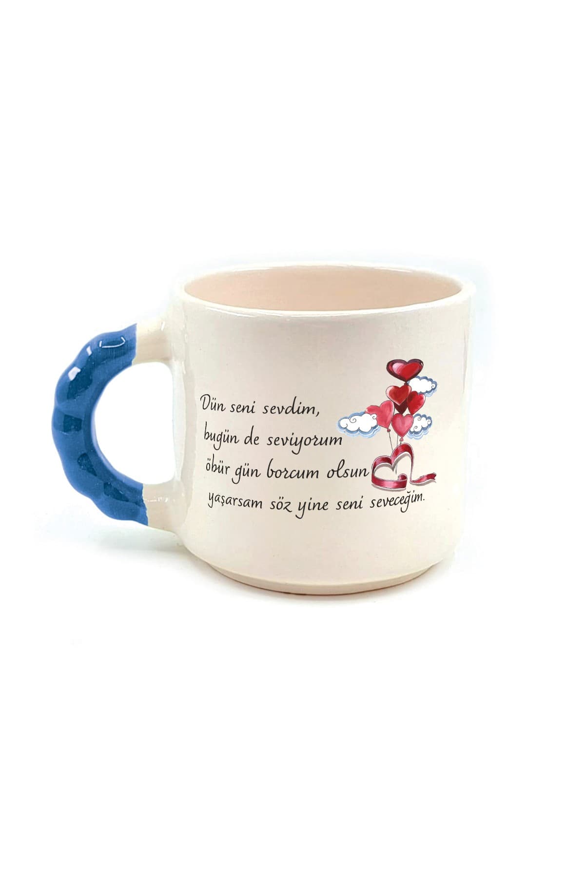 Dün Seni Sevdim Baskılı Mavi Kulplu Boncuk Kupa Bardak Fincan Mug