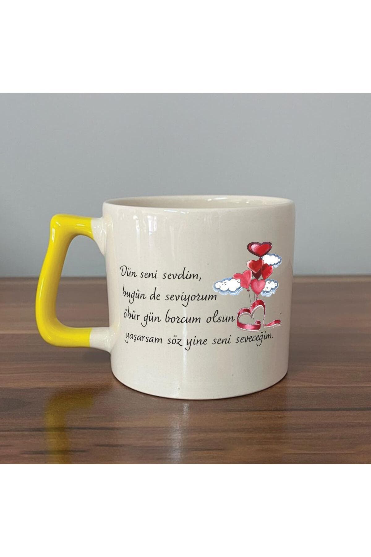 Dün Seni Sevdim Baskılı Sarı Kulplu Prime Kupa Bardak Fincan Mug