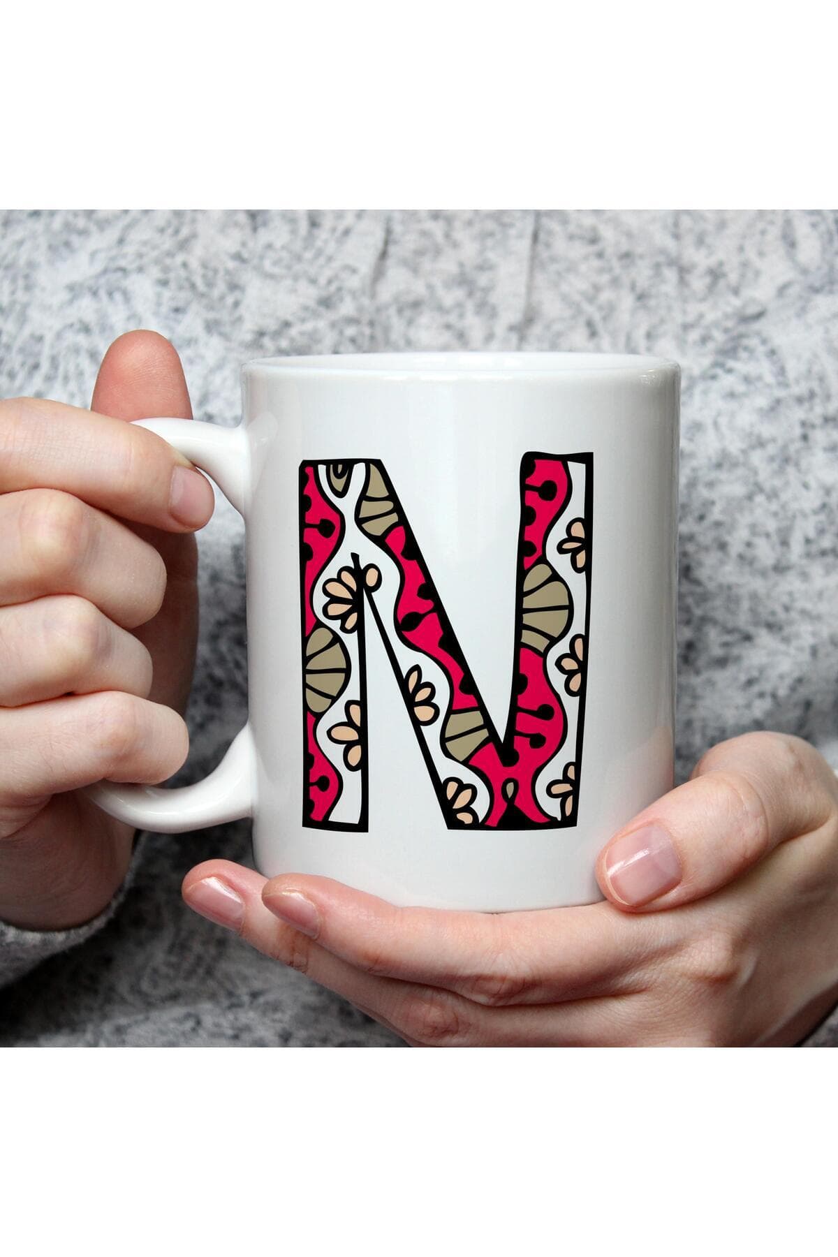 Etnik N Harf Baskılı Beyaz Kupa Bardak Fincan Mug
