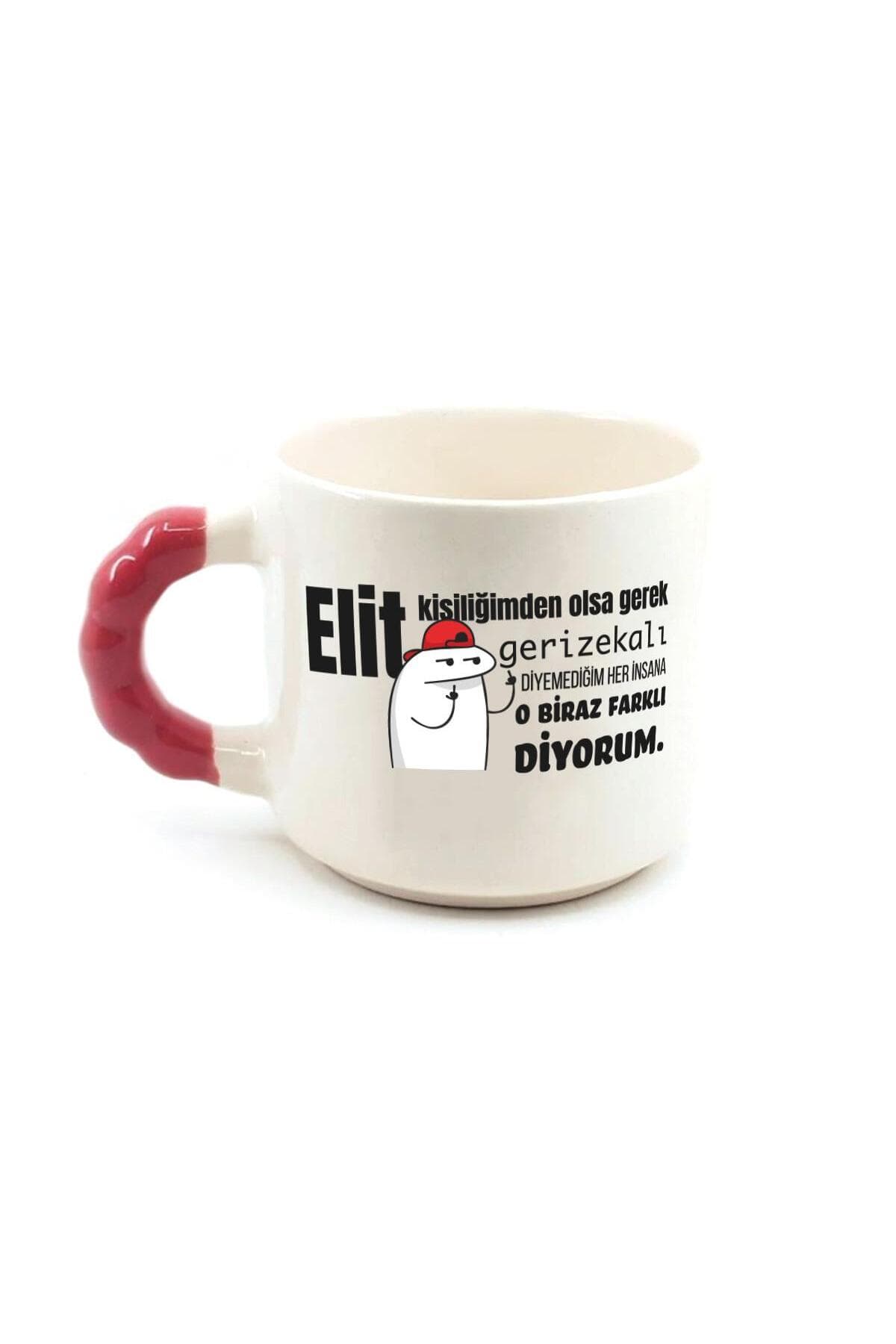 Elit Kişiliğimden Olsa Gerek Baskılı Kırmızı Kulplu Boncuk Kupa Bardak Fincan Mug