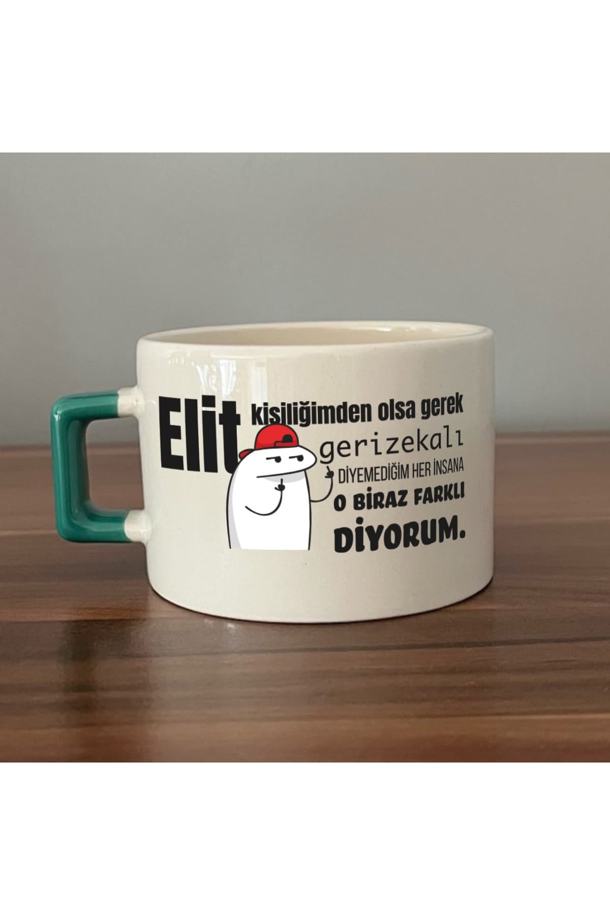 Elit Kişiliğimden Olsa Gerek Baskılı Yeşil Kulplu Kare Kupa Bardak Fincan Mug