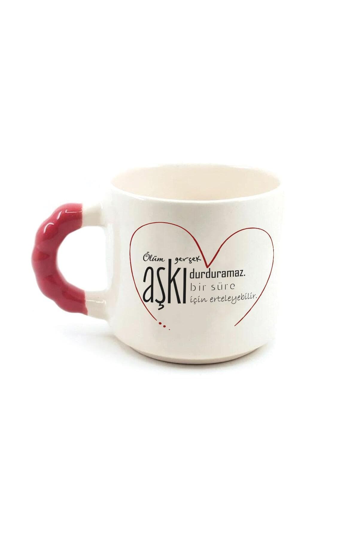 Ölüm Gerçek Aşkı Durduramaz Baskılı Kırmızı Kulplu Boncuk Kupa - Sevgiliye Hediye Bardak Fincan Mug