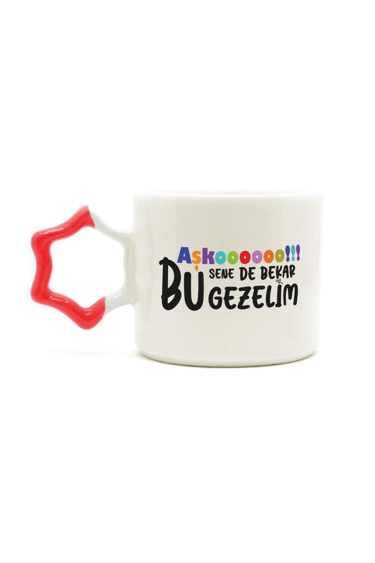 Aşkoooooo Baskılı Kırmızı Kulplu Yıldız Kupa - Sevgiliye Hediye Bardak Fincan Mug
