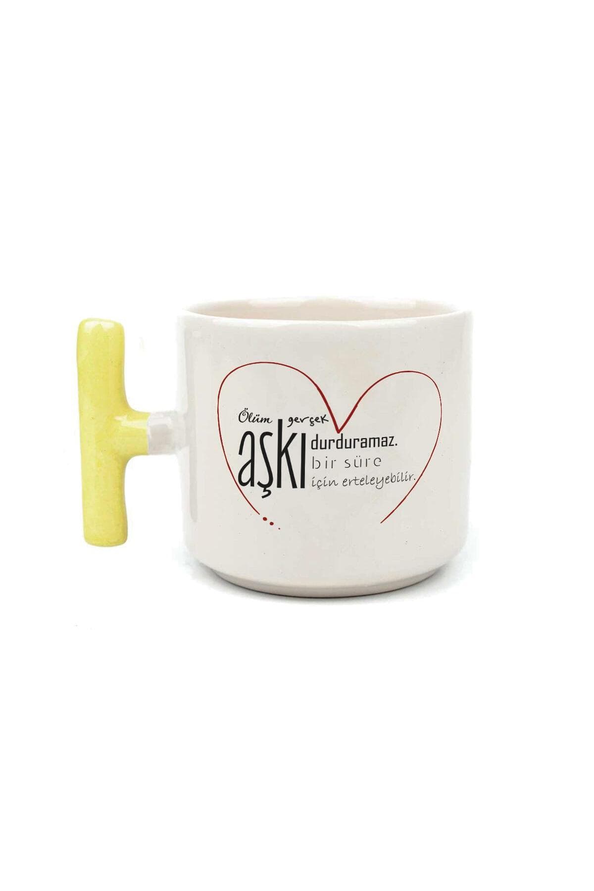 Ölüm Gerçek Aşkı Durduramaz Baskılı Sarı Kulplu T Kupa - Sevgiliye Hediye Bardak Fincan Mug
