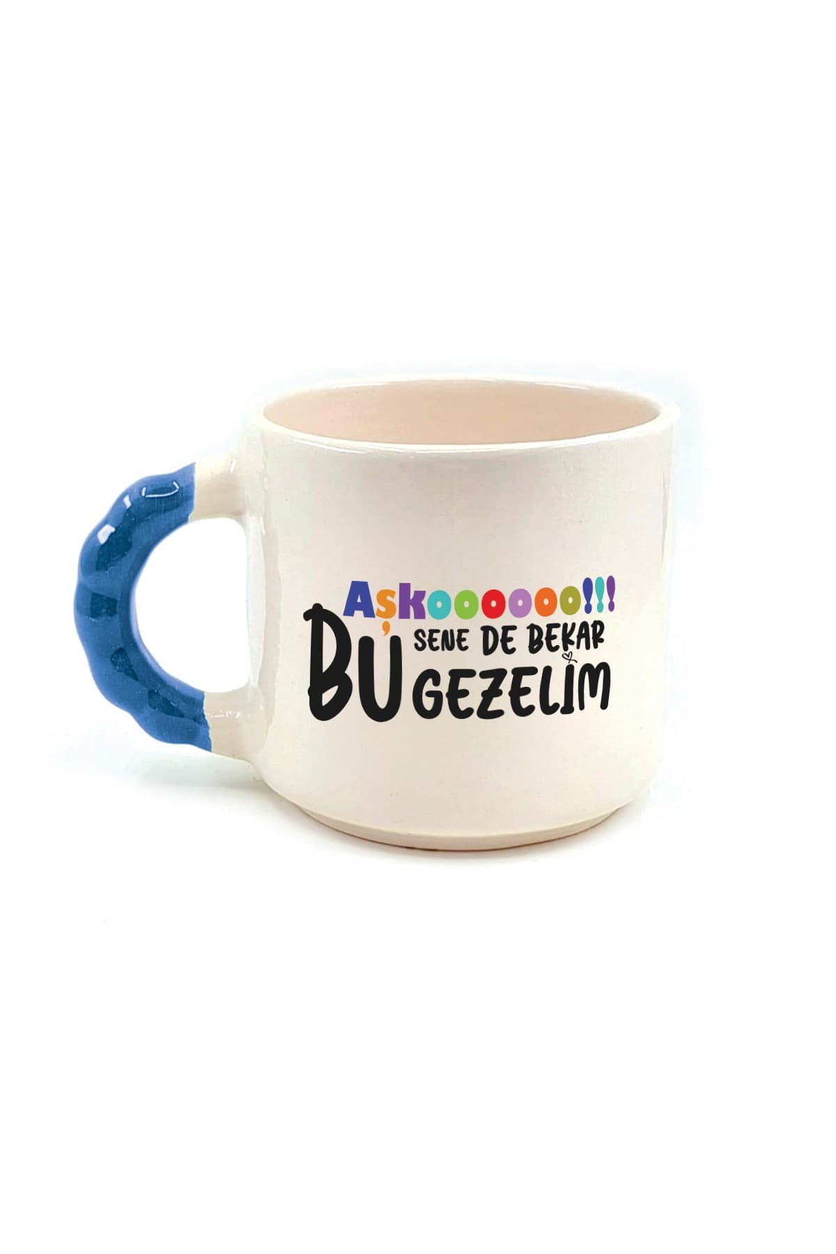 Aşkoooooo Baskılı Mavi Kulplu Boncuk Kupa - Sevgiliye Hediye Bardak Fincan Mug
