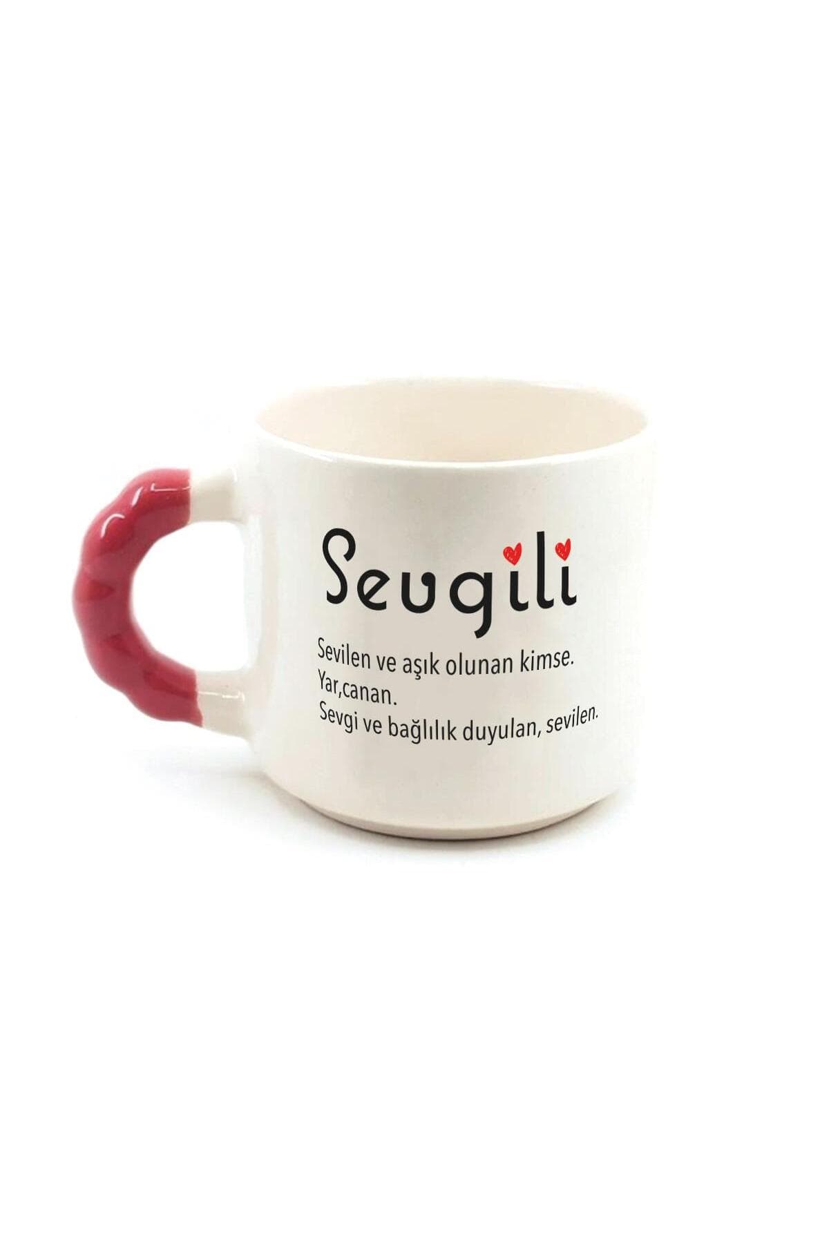 Sevgili Baskılı Kırmızı Kulplu Boncuk Kupa - Sevgiliye Hediye Bardak Fincan Mug
