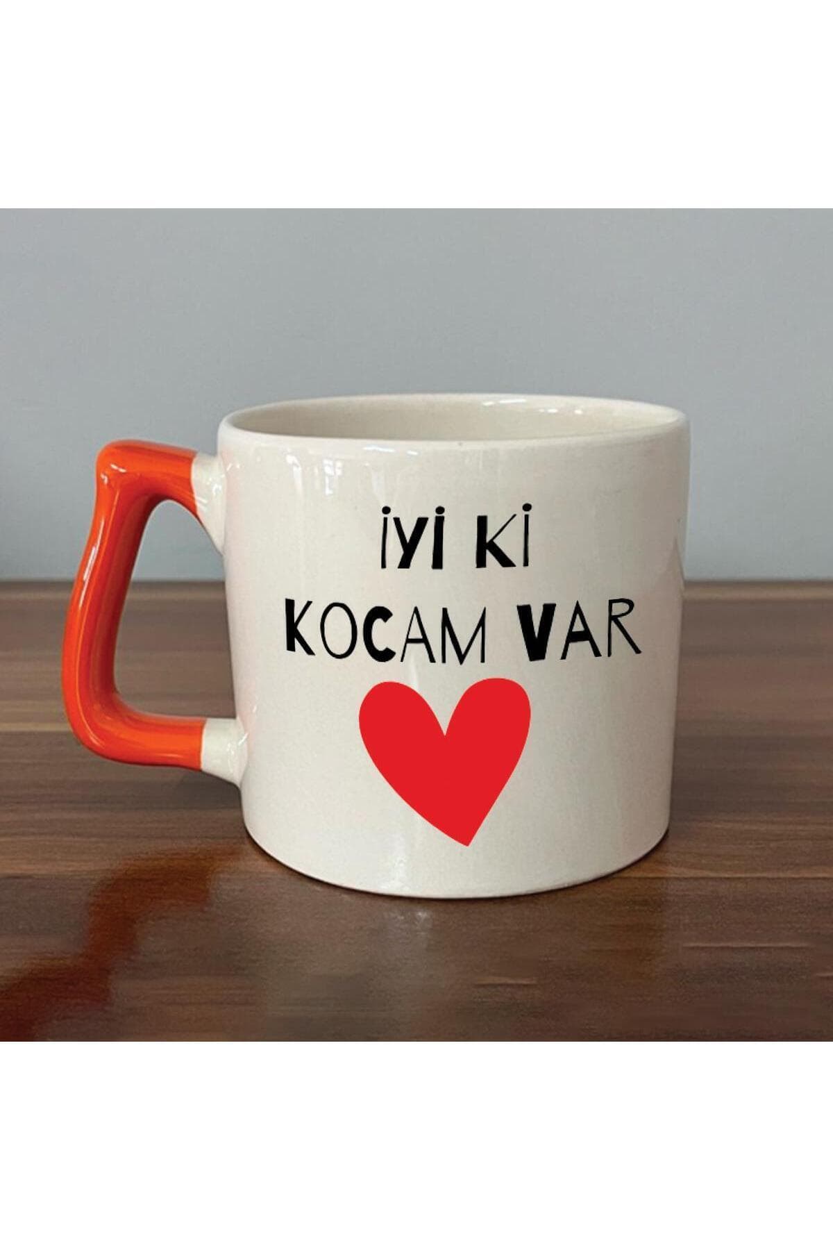İyi Ki Kocam Var Baskılı Turuncu Kulplu Prime Kupa - Sevgililer Günü Hediyesi Bardak Fincan Mug