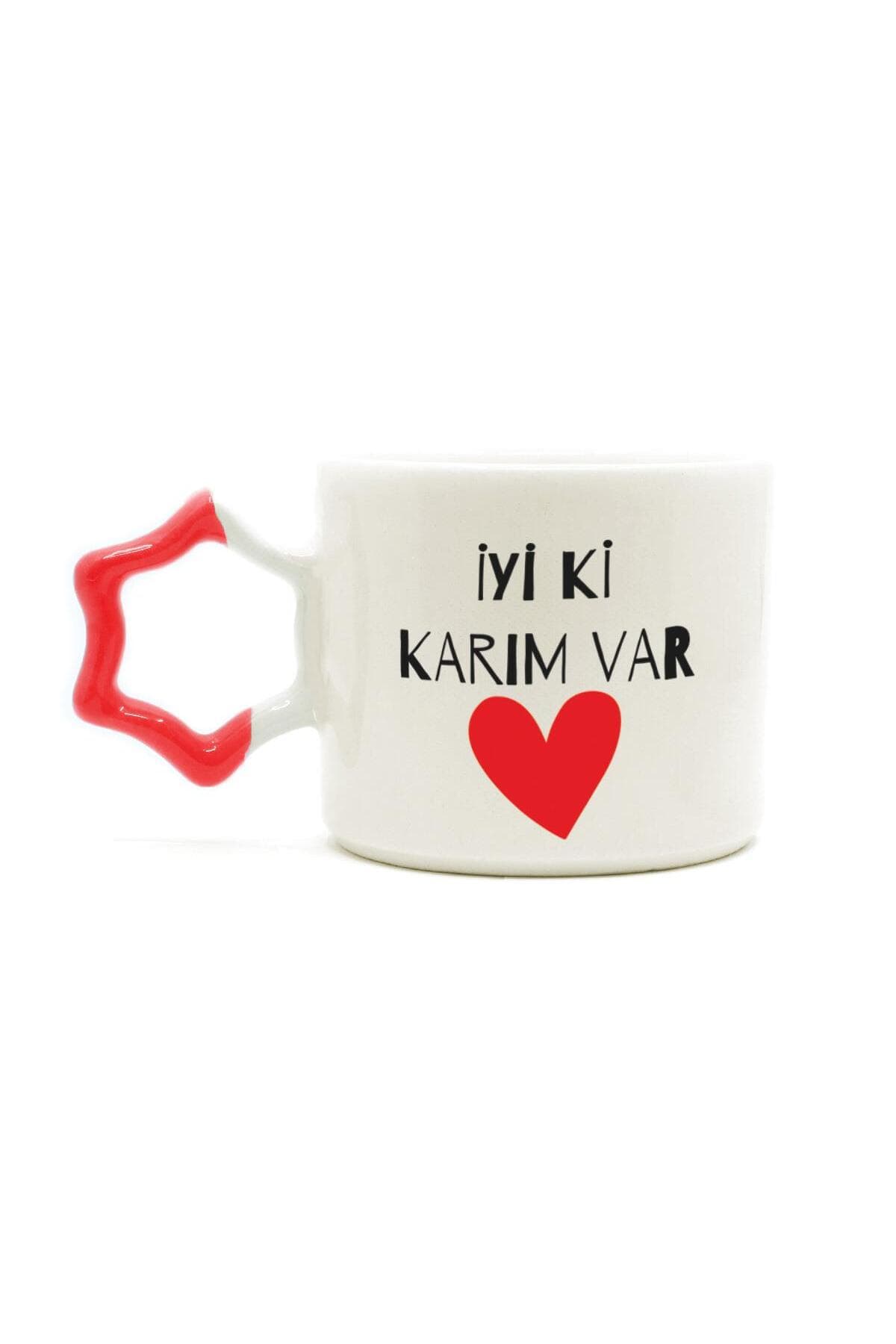 İyi Ki Karım Var Baskılı Kırmızı Kulplu Yıldız Kupa - Sevgililer Günü Hediyesi Bardak Fincan Mug