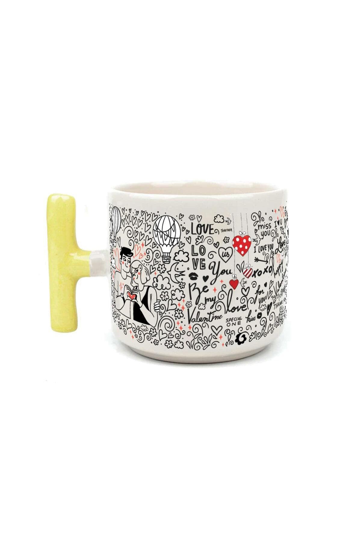 Aşk Temalı Baskılı Sarı Kulplu T Kupa - Sevgililer Günü Hediyesi Bardak Fincan Mug