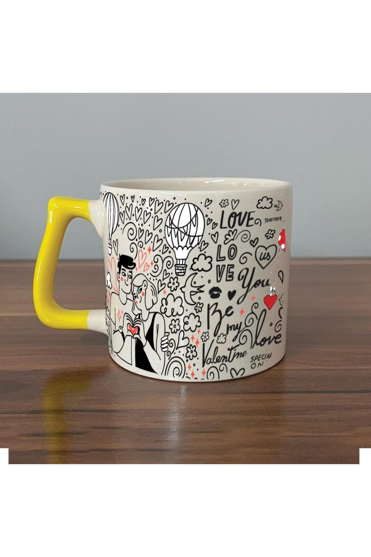 Aşk Temalı Baskılı Sarı Kulplu Prime Kupa - Sevgililer Günü Hediyesi Bardak Fincan Mug