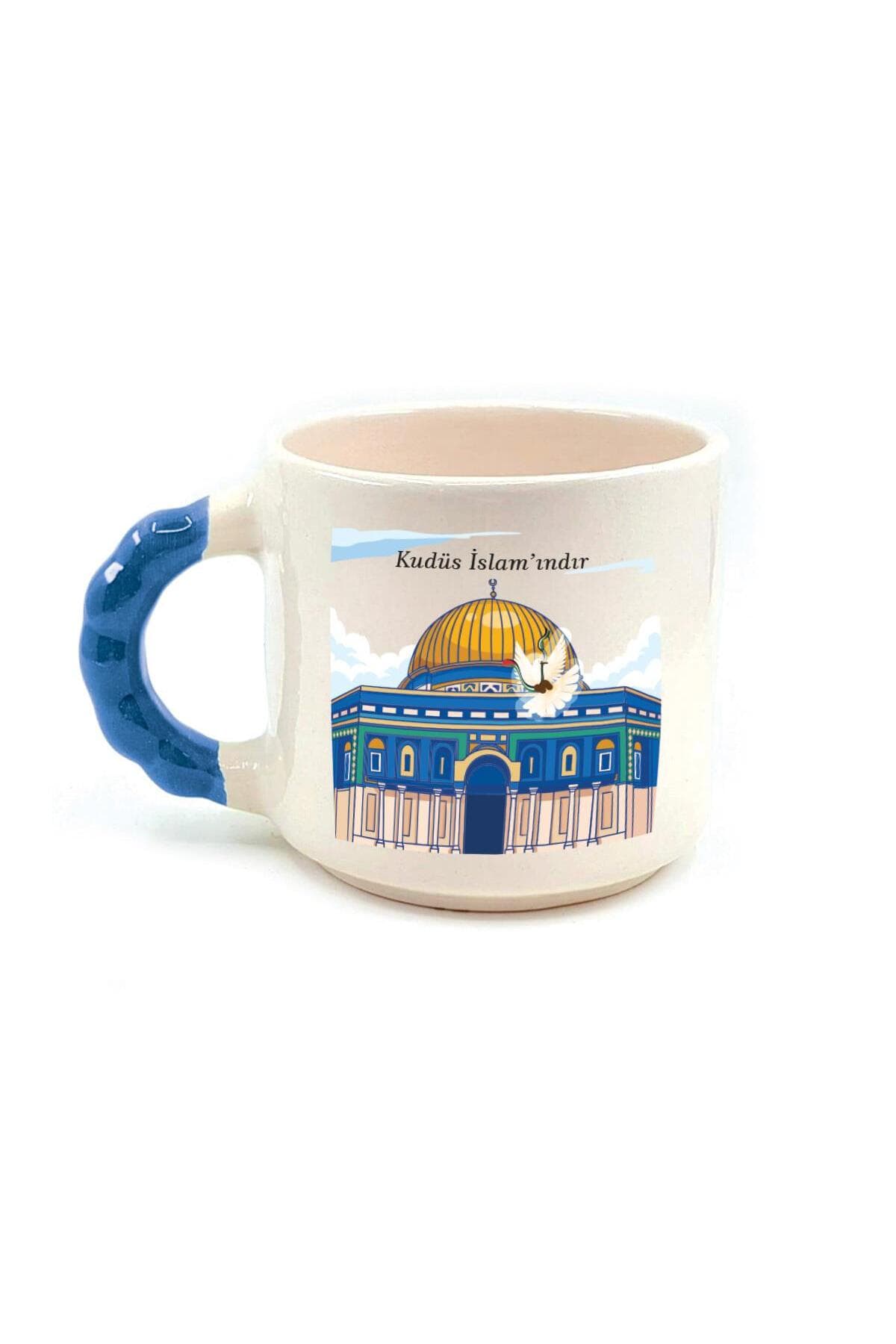 Kudüs İslam'ındır Baskılı Mavi Kulplu Boncuk Kupa Bardak Fincan Mug