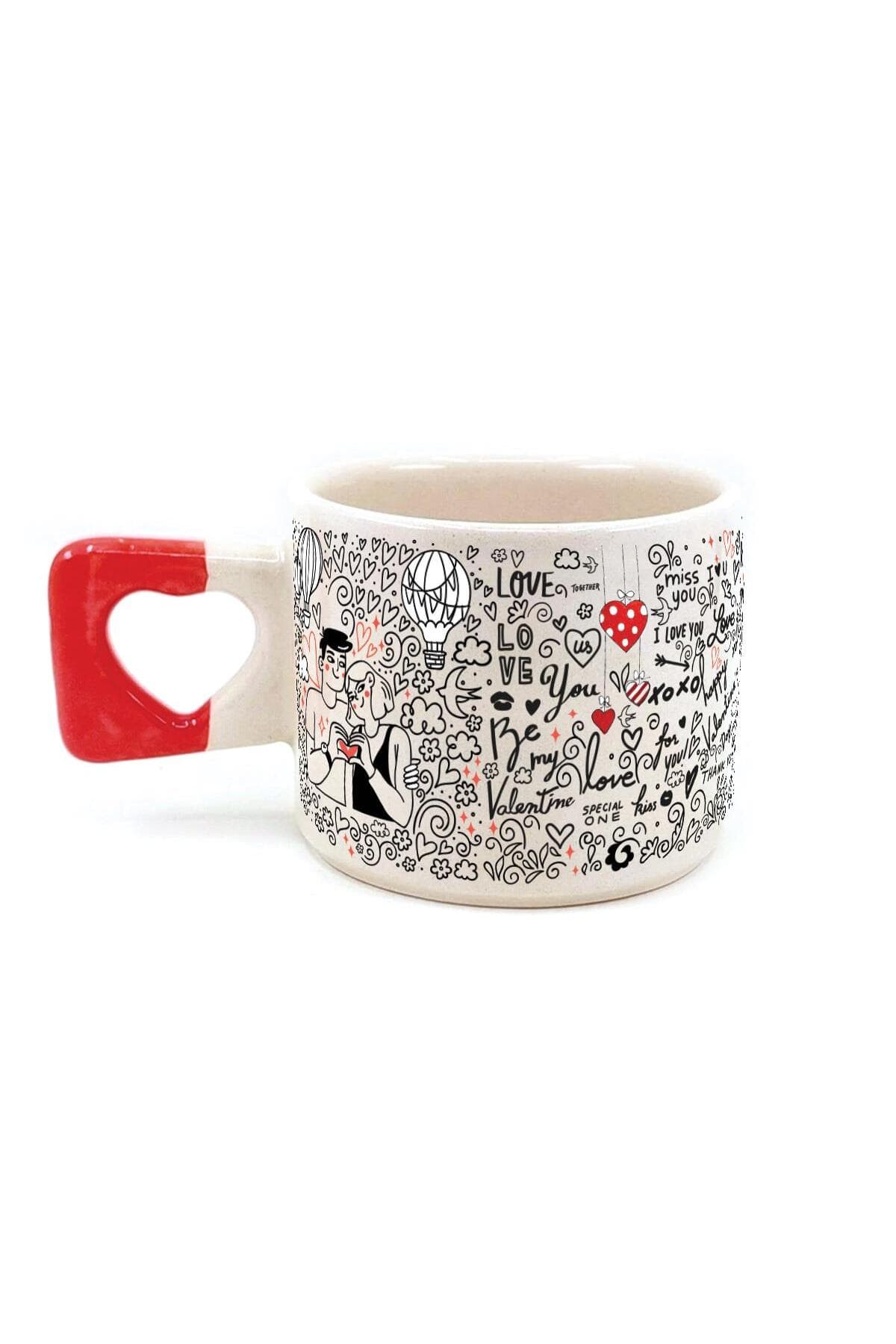 Aşk Temalı Baskılı Kırmızı Kulplu Kalp Kupa - Sevgililer Günü Hediyesi Bardak Fincan Mug