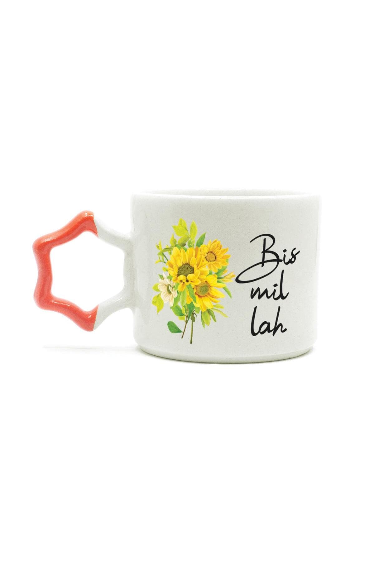 Bismillah Baskılı Turuncu Kulplu Yıldız Kupa Bardak Fincan Mug