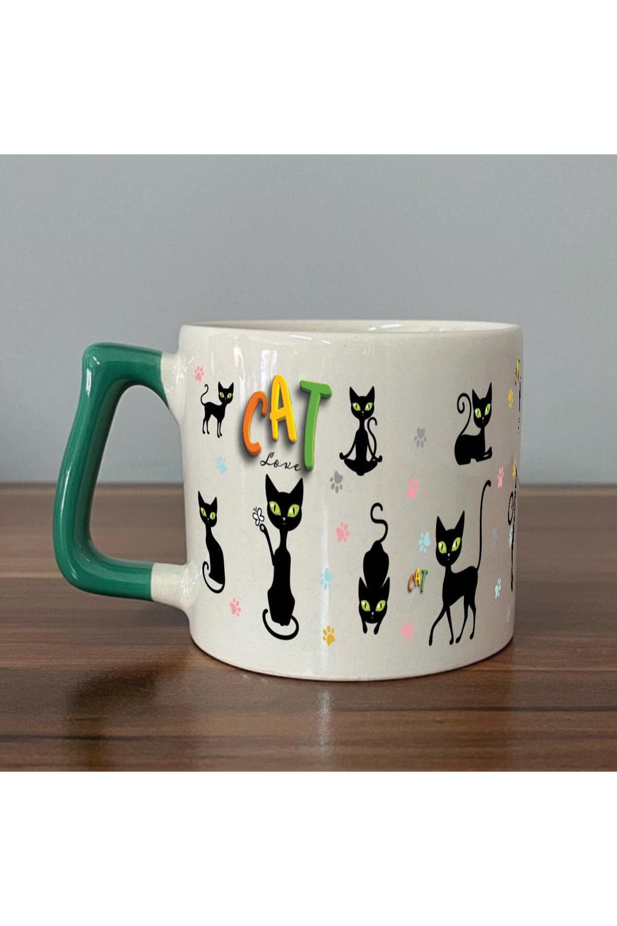 Cat Love Baskılı Yeşil Kulplu Prime Kupa Bardak Fincan Mug