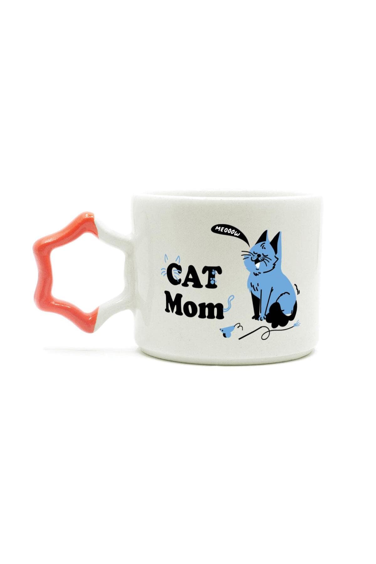 Cat Mom Baskılı Turuncu Kulplu Yıldız Kupa - Anneye Hediye Bardak Fincan Mug