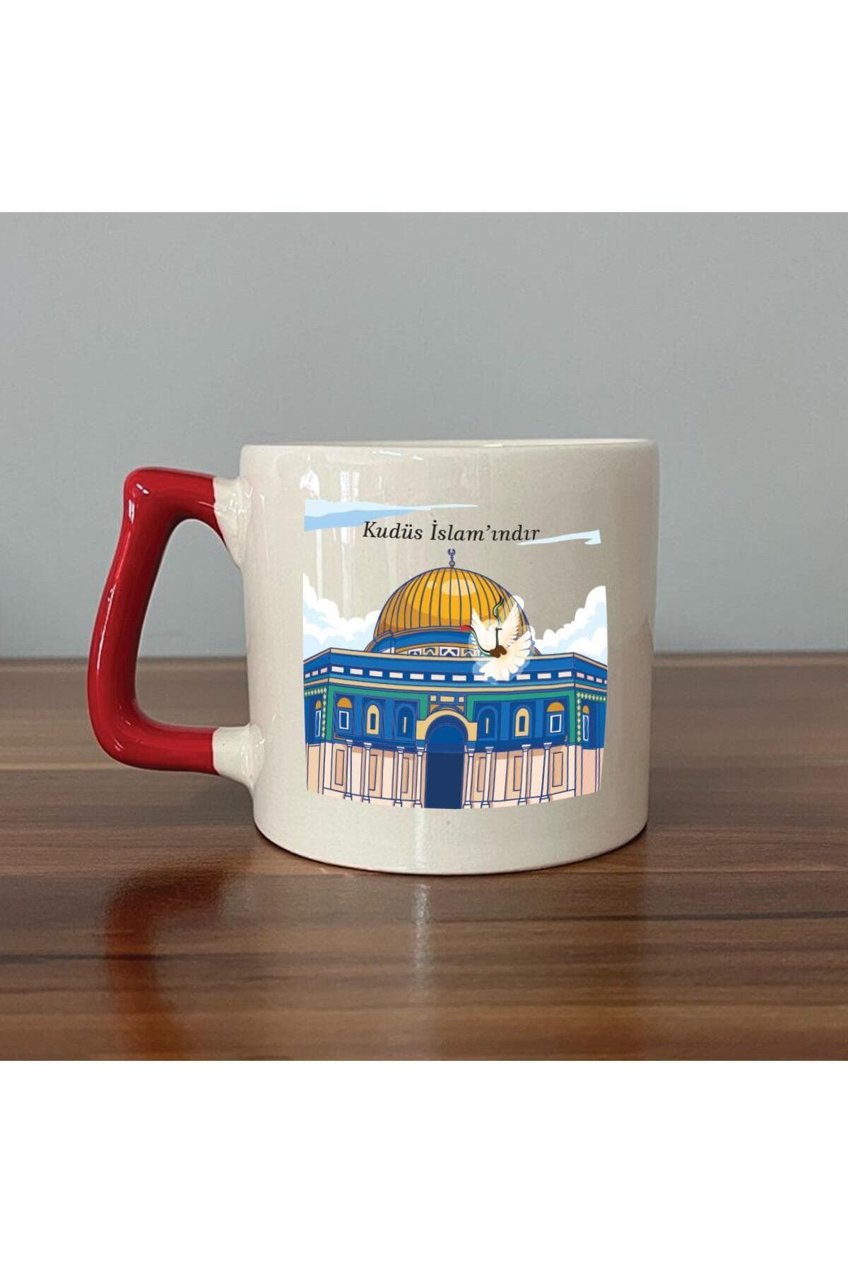 Kudüs İslam'ındır Baskılı Kırmızı Kulplu Prime Kupa Bardak Fincan Mug