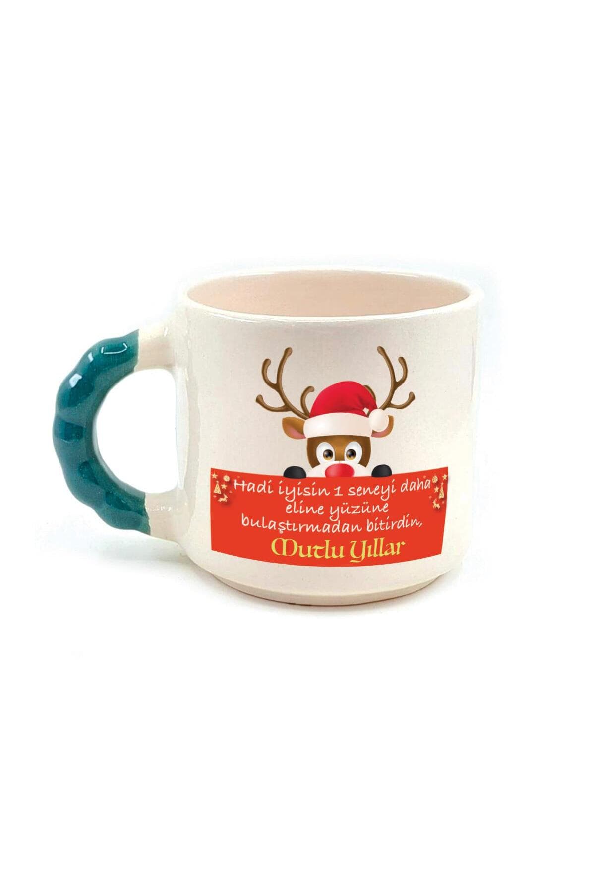 Hadi İyisin 1 Seneyi Daha Baskılı Yeşil Kulplu Boncuk Kupa - Yılbaşı Hediyesi Bardak Fincan Mug
