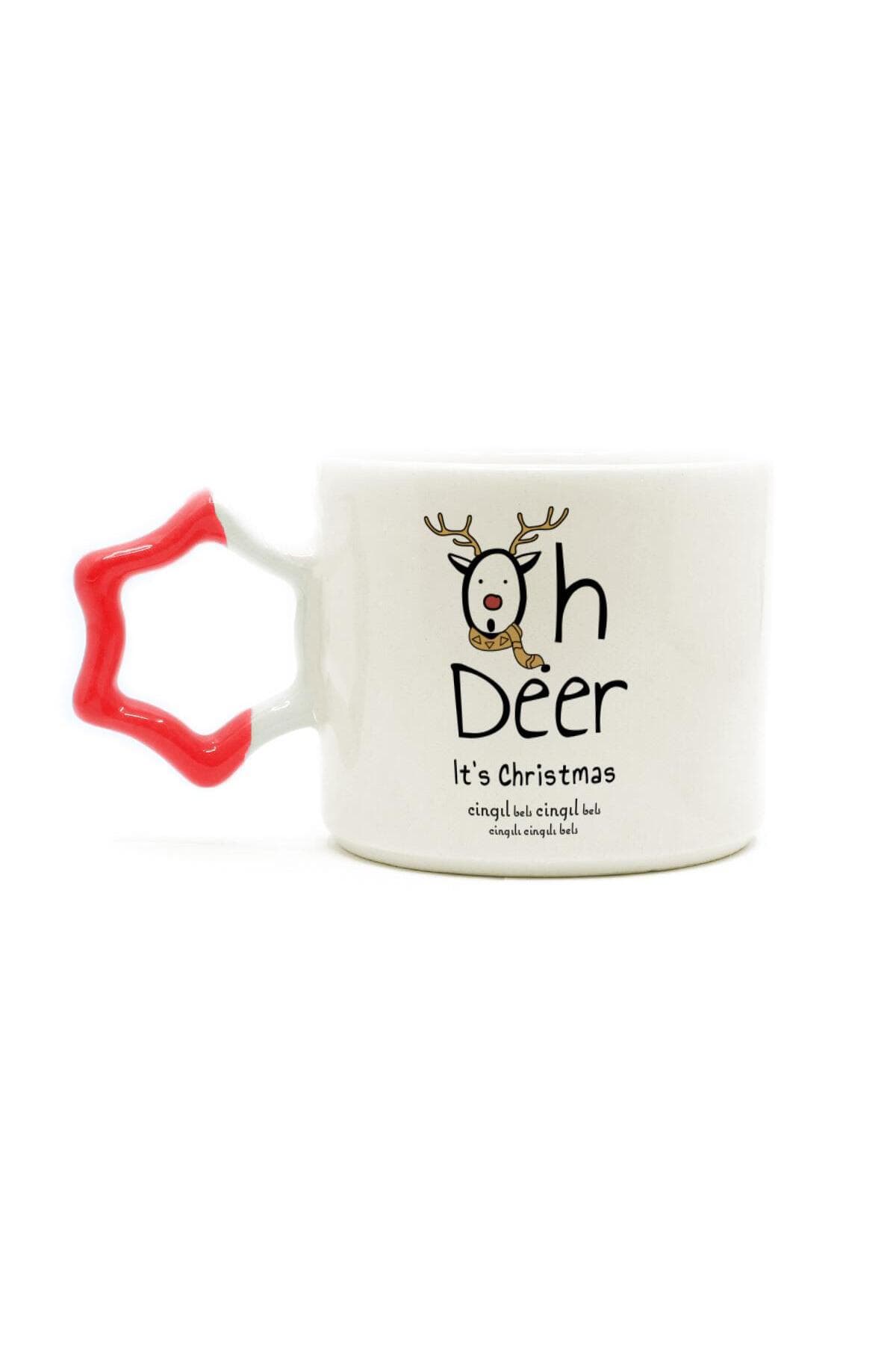 Cingıl Bels Baskılı Kırmızı Kulplu Yıldız Kupa - Yılbaşı Hediyesi Bardak Fincan Mug