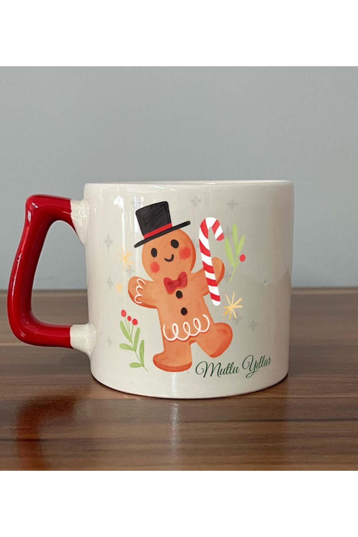 Mutlu Yıllar Kurabiye Adam Baskılı Kulplu Prime Kupa - Yılbaşı Hediyesi Bardak Fincan Mug