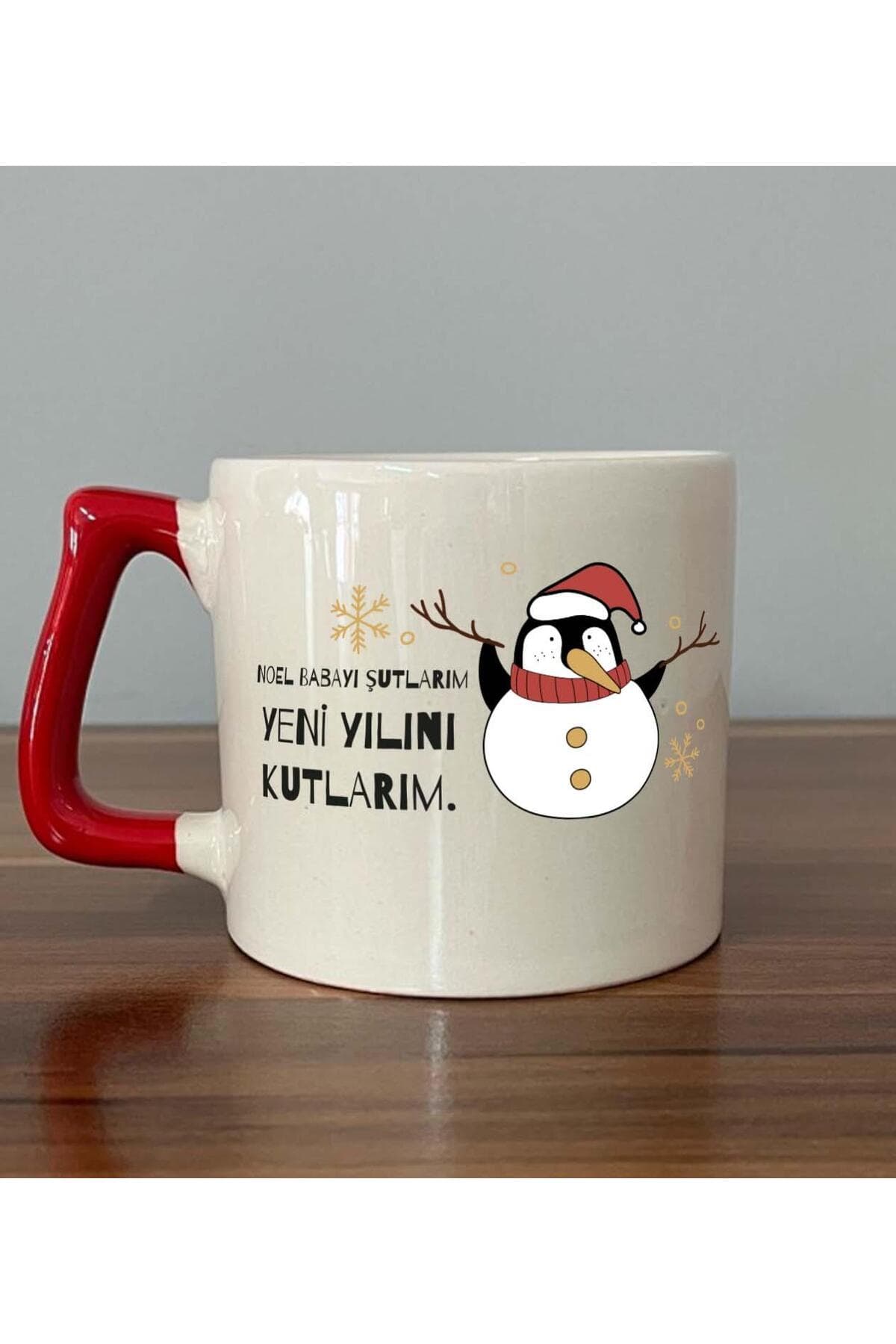 Noel Babayı Şutlarım Baskılı Kırmızı Kulplu Prime Kupa - Yılbaşı Hediyesi Bardak Fincan Mug