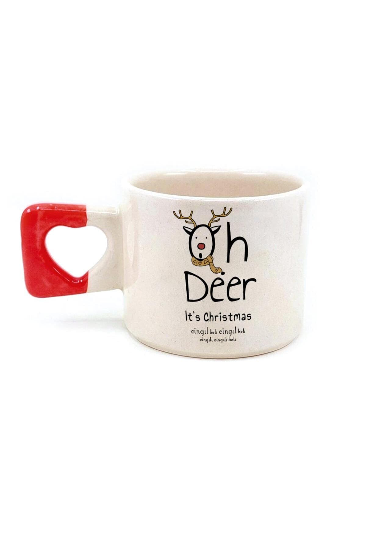 Cingıl Bels Baskılı Kırmızı Kulplu Kalp Kupa - Yılbaşı Hediyesi Bardak Fincan Mug