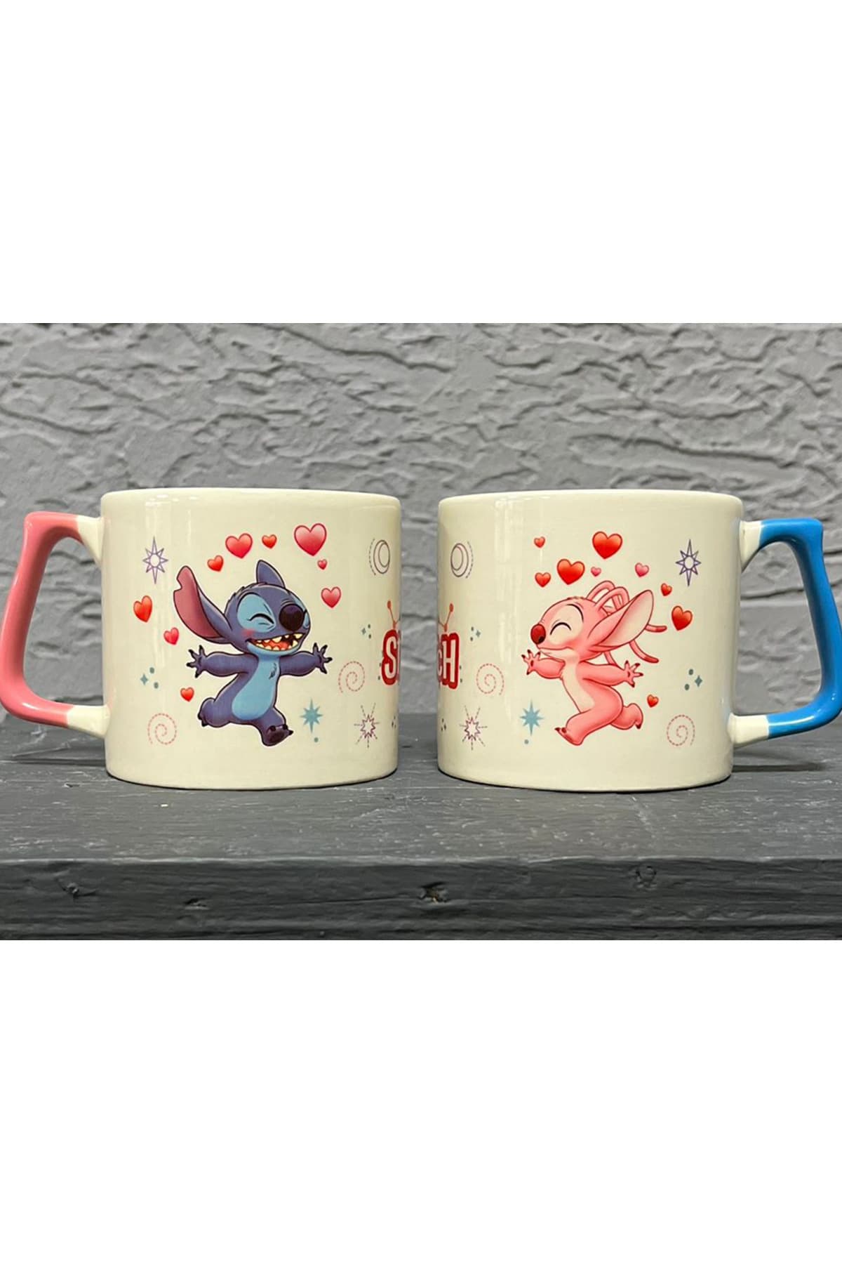 Sarılan Stitch Pembe Kulplu Prime Sevgililer Günü Kupası