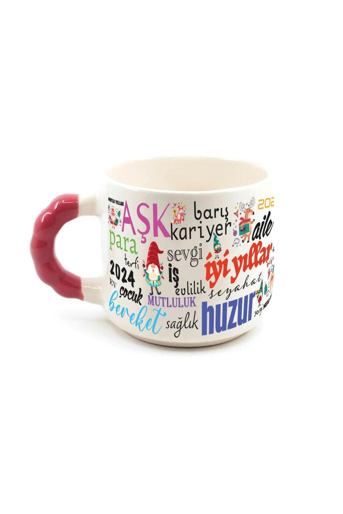 Dilekler Baskılı Kırmızı Kulplu Boncuk Kupa - Yılbaşı Hediyesi Bardak Fincan Mug