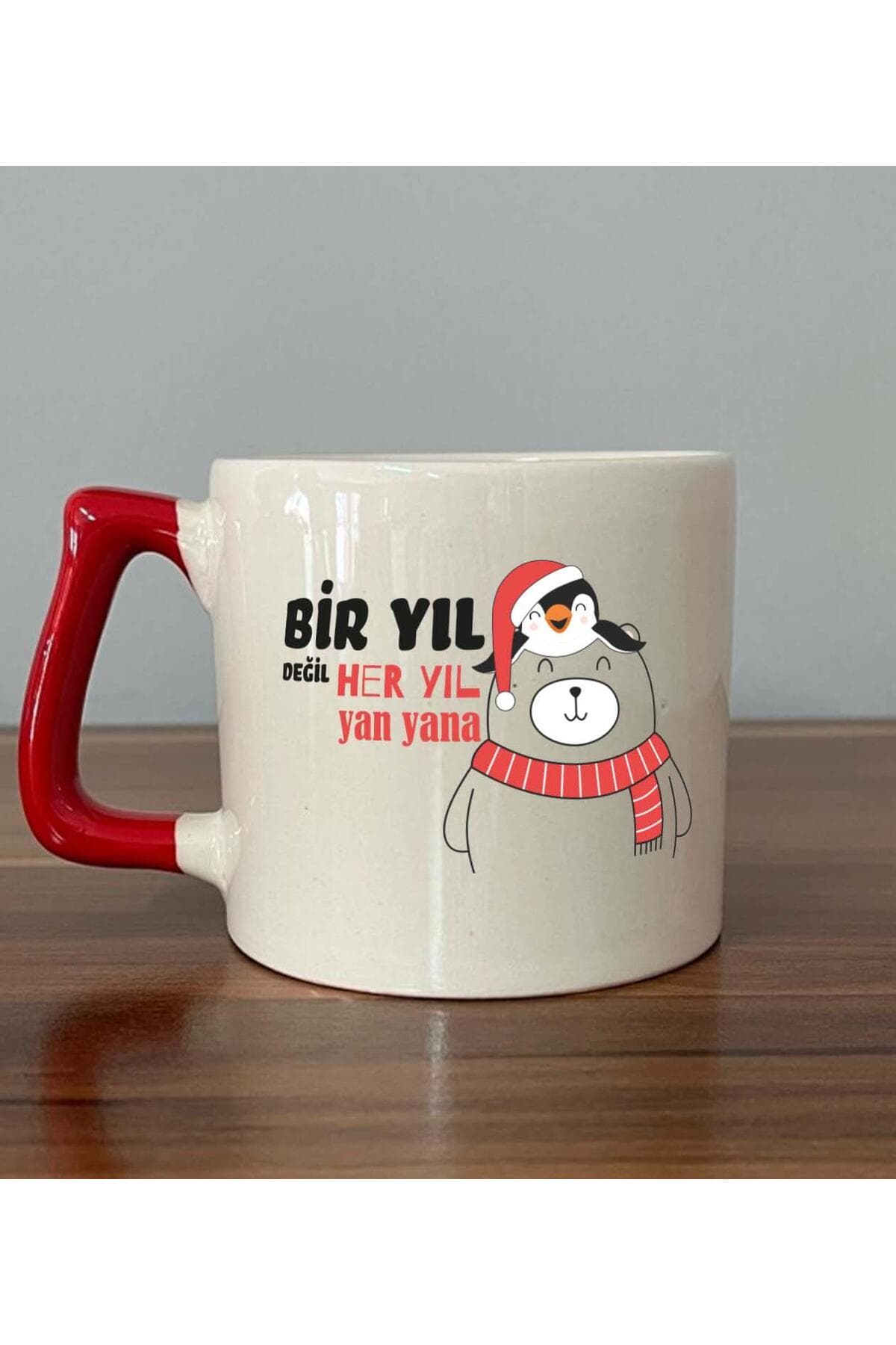 Bir Yıl Değil Her Yıl Yan Yana Penguen Baskılı Kulplu Prime Kupa - Yılbaşı Hediyesi Bardak Fincan