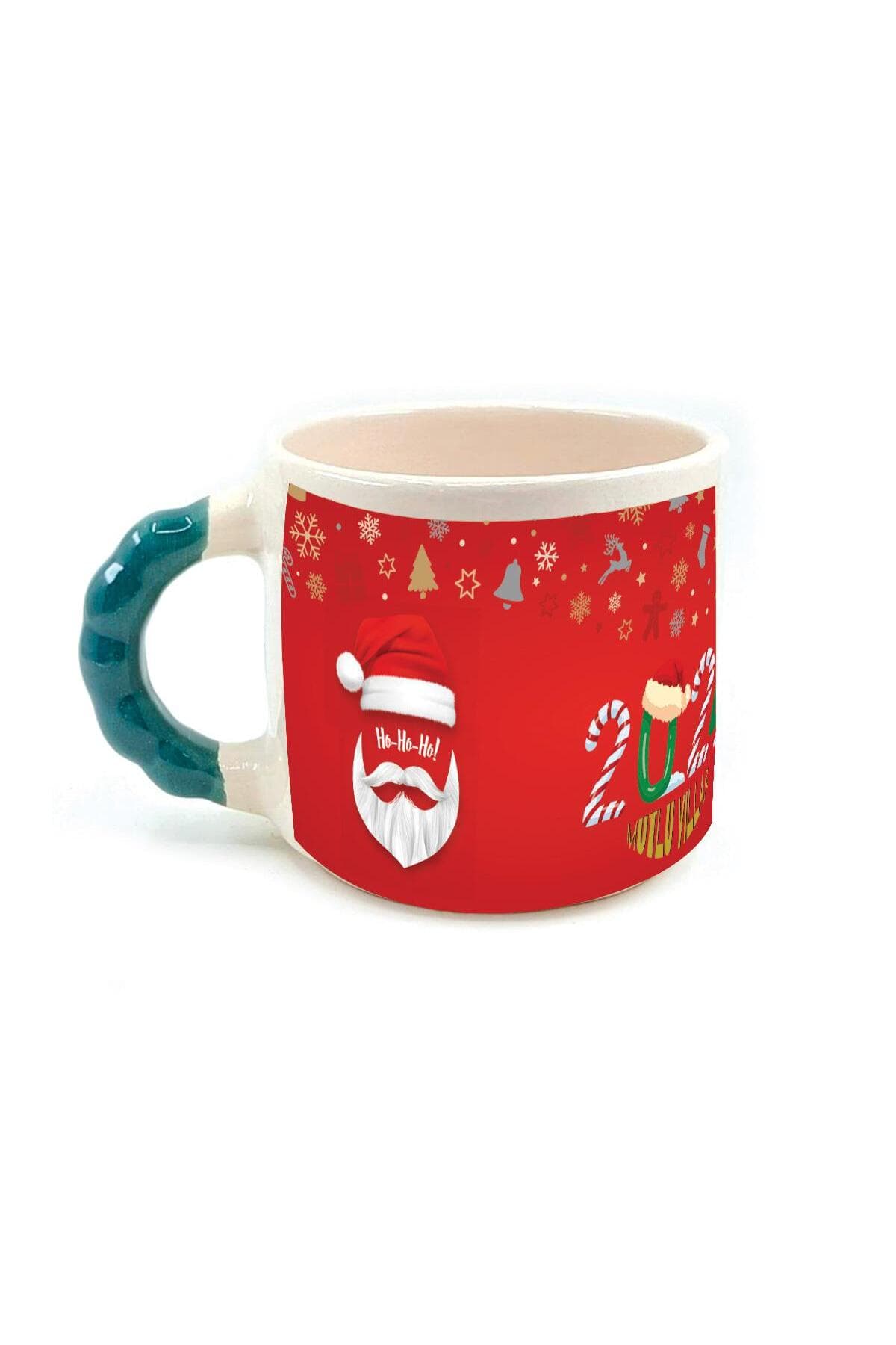 2024 Noel Baba Tam Tur Baskılı Yeşil Kulplu Boncuk Kupa - Babaya Hediye Bardak Fincan Mug