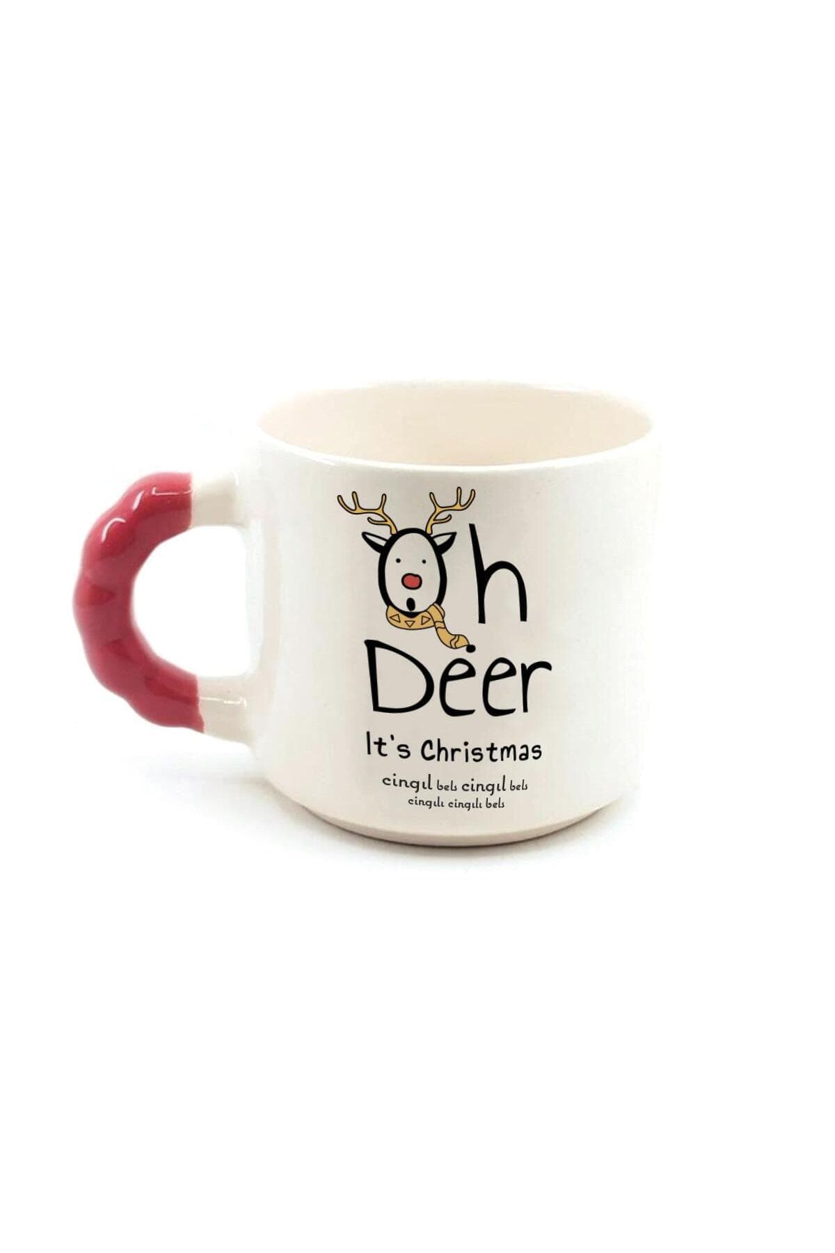 Cingıl Bels Baskılı Kırmızı Kulplu Boncuk Kupa - Yılbaşı Hediyesi Bardak Fincan Mug