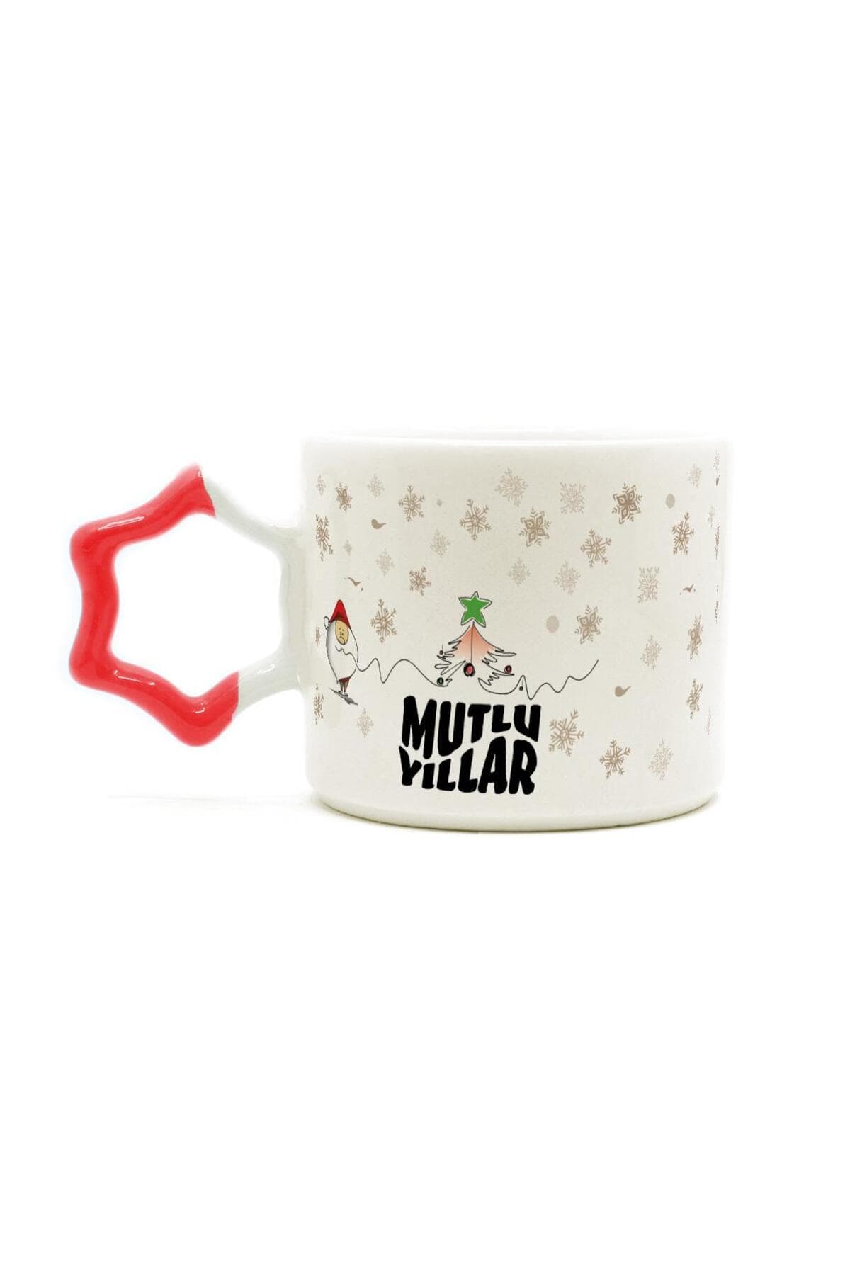 Mutlu Yıllar Kar Taneleri Baskılı Kırmızı Kulplu Yıldız Kupa - Yılbaşı Hediyesi Bardak Fincan Mug