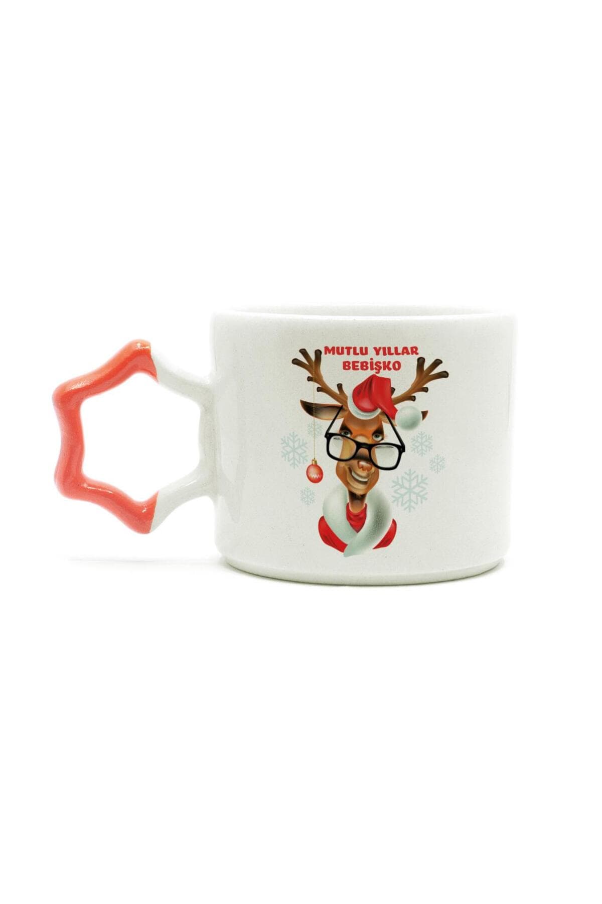 Mutlu Yıllar Bebişko Baskılı Turuncu Kulplu Yıldız Kupa - Yılbaşı Hediyesi Bardak Fincan Mug