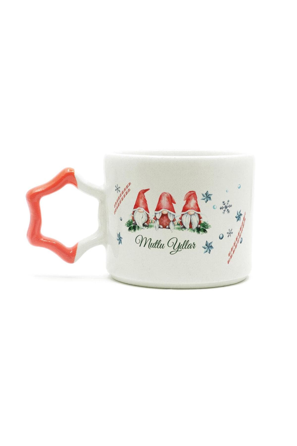 Mutlu Yıllar 3 Noel Baba Baskılı Turuncu Kulplu Yıldız Kupa - Babaya Hediye Bardak Fincan Mug