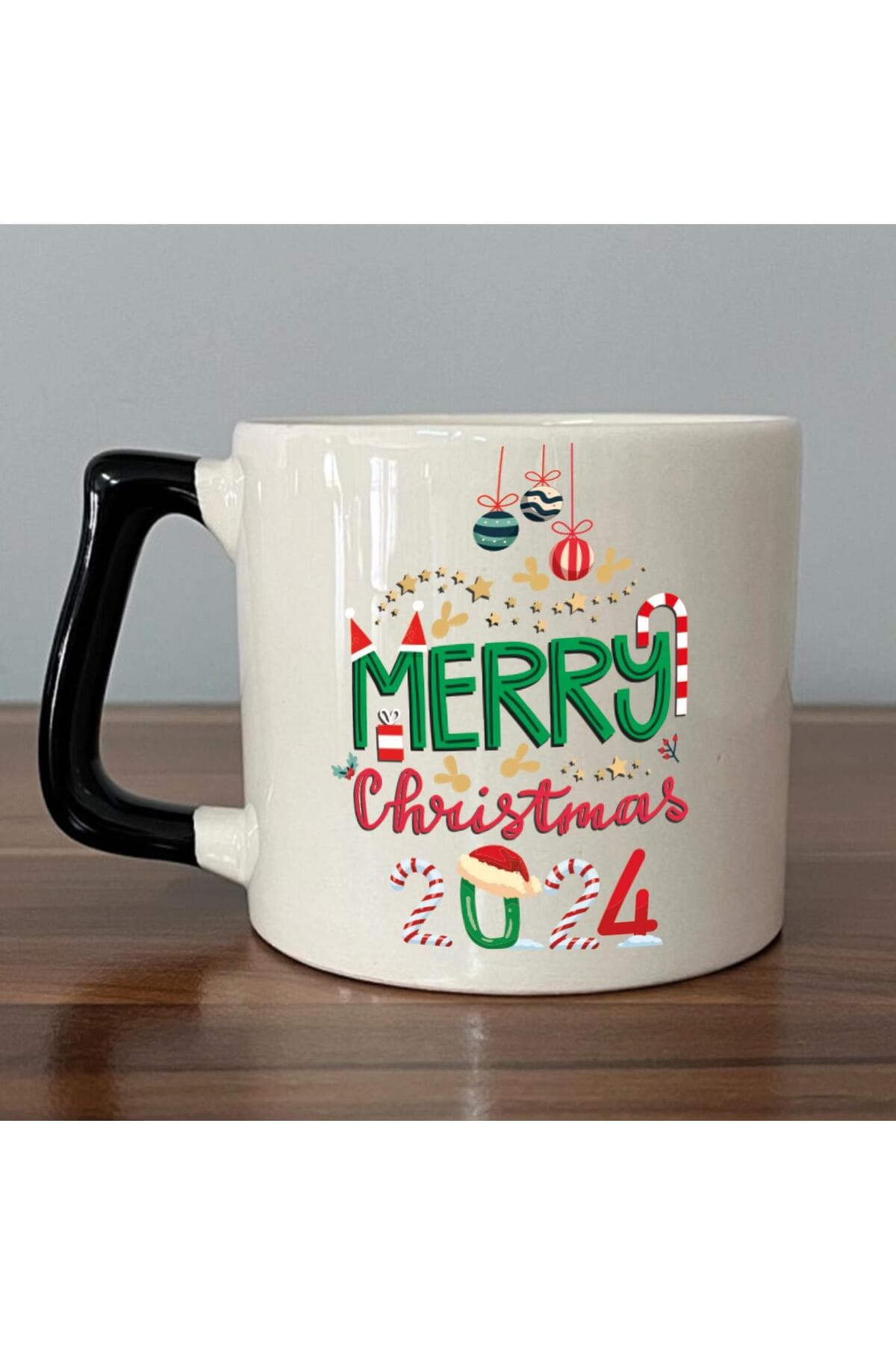 Merry Christmas 2024 Baskılı Siyah Kulplu Prime Kupa - Yılbaşı Hediyesi Bardak Fincan Mug