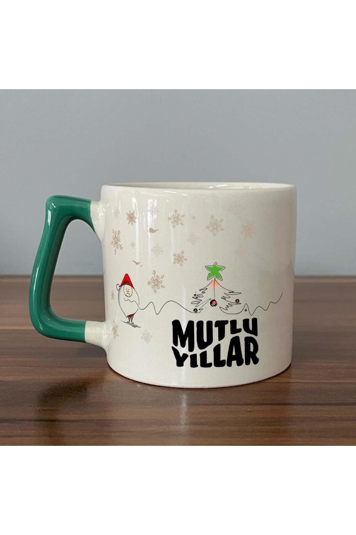 Mutlu Yıllar Kar Taneleri Baskılı Yeşil Kulplu Prime Kupa - Yılbaşı Hediyesi Bardak Fincan Mug