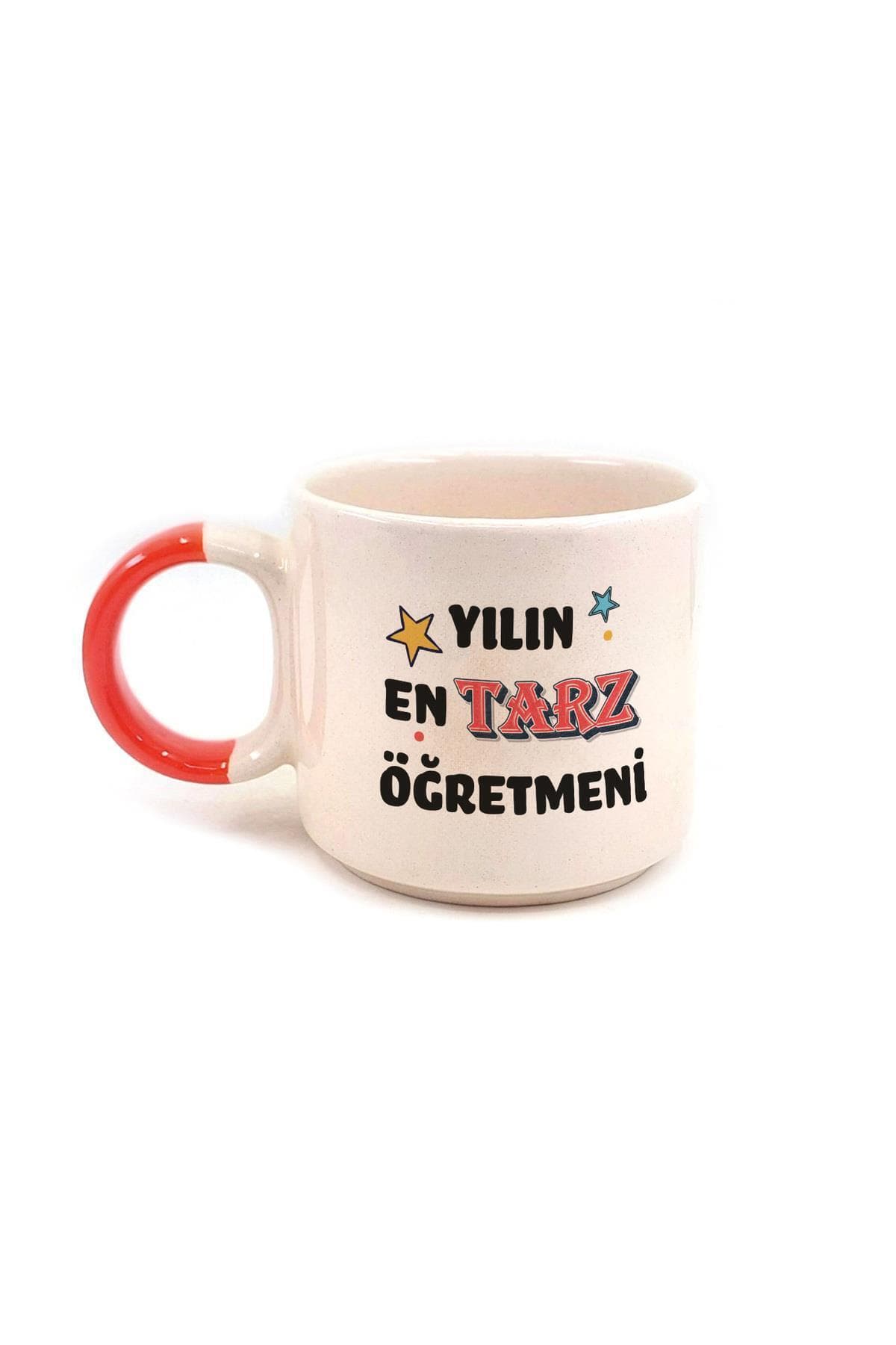 Yılın En Tarz Öğretmeni Baskılı Kırmızı Kulplu P Kupa - Öğretmenler Günü Hediyesi Bardak Fincan Mug