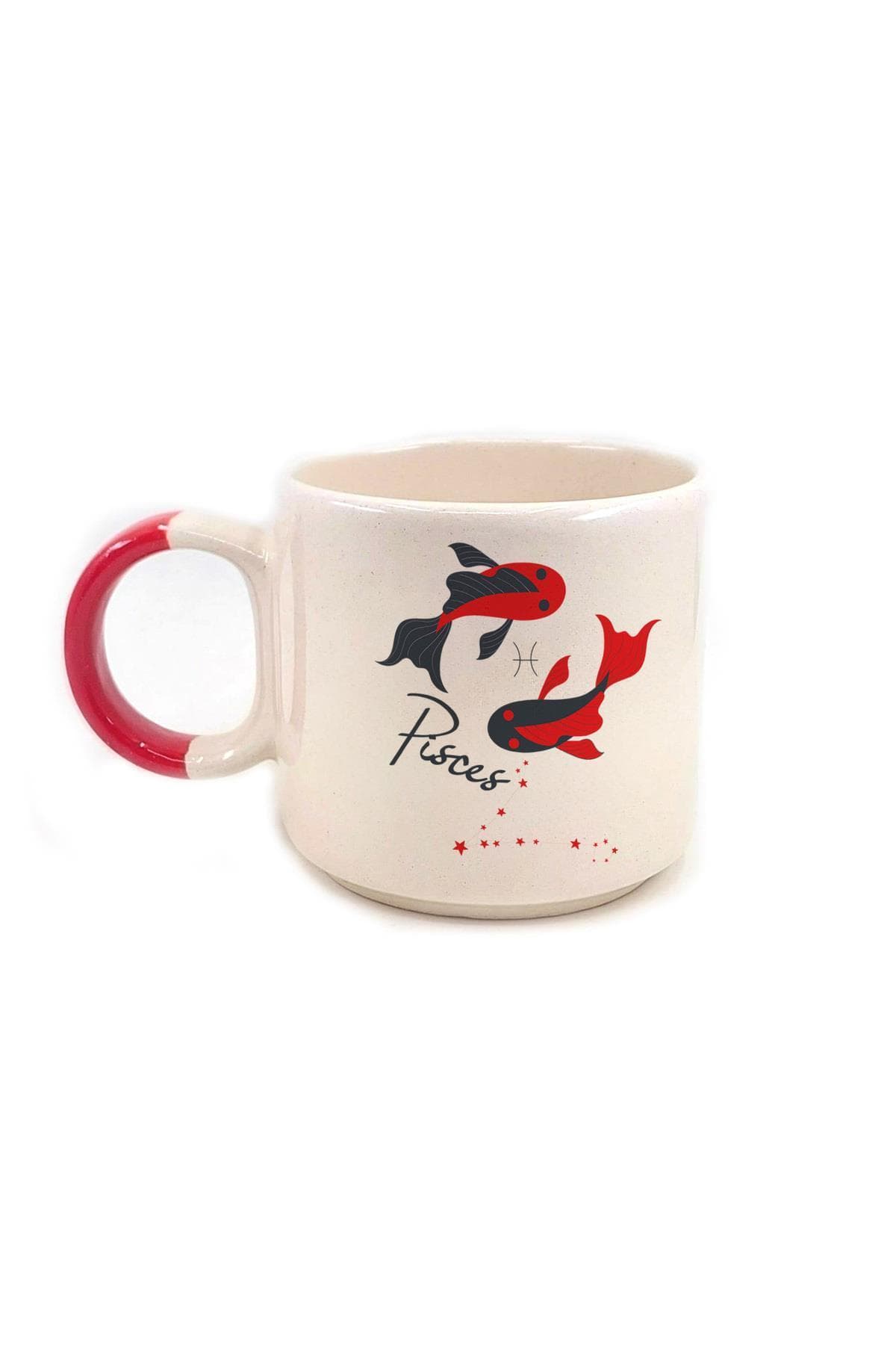 Balık Burcu Simgesi Baskılı Kırmızı Kulplu P Kupa Bardak Fincan Mug