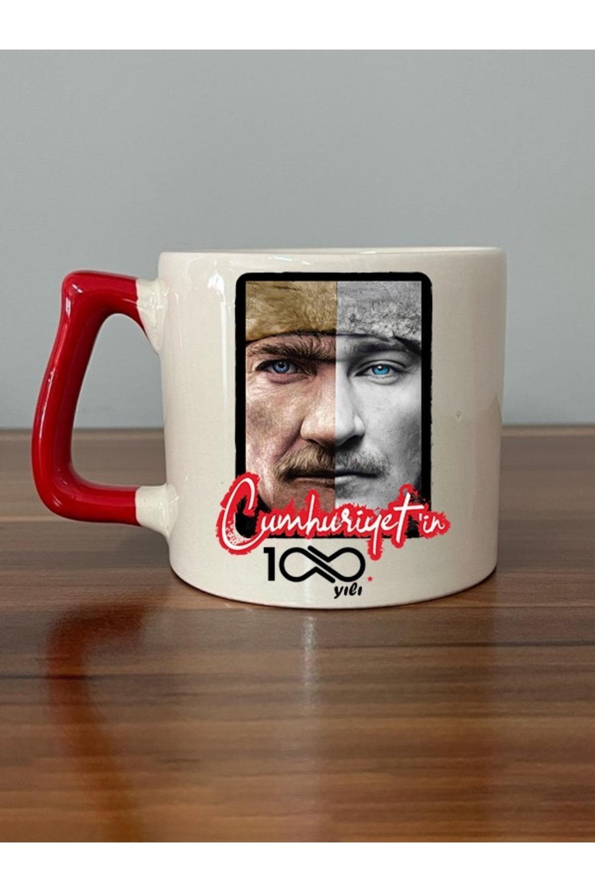 100. Yıl Atatürk Baskılı Kırmızı Kulplu Prime Kupa Bardak Fincan Mug