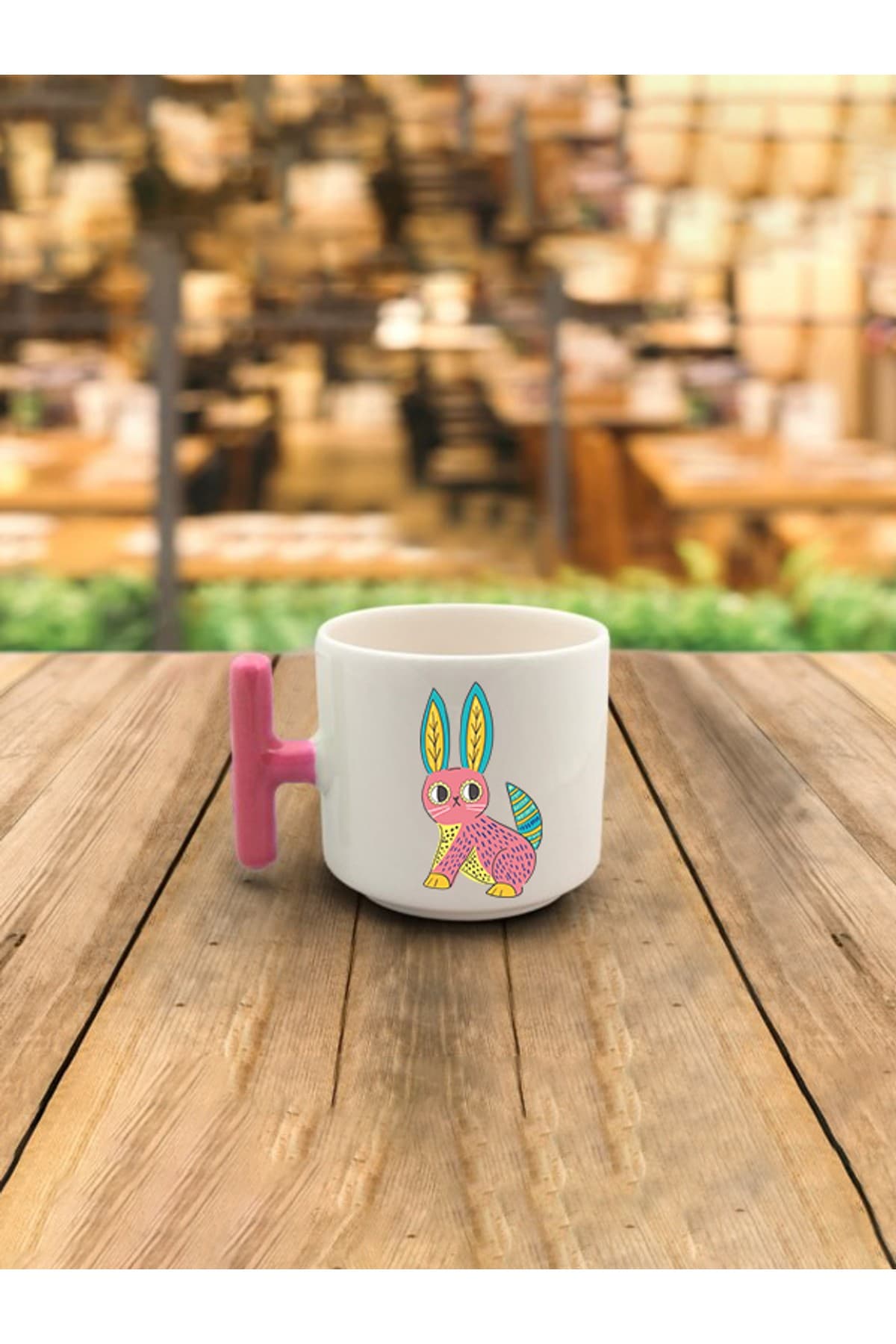 Latte Fincanı Tavşan Baskılı Pembe Kulplu T Kupa Bardak Fincan Mug