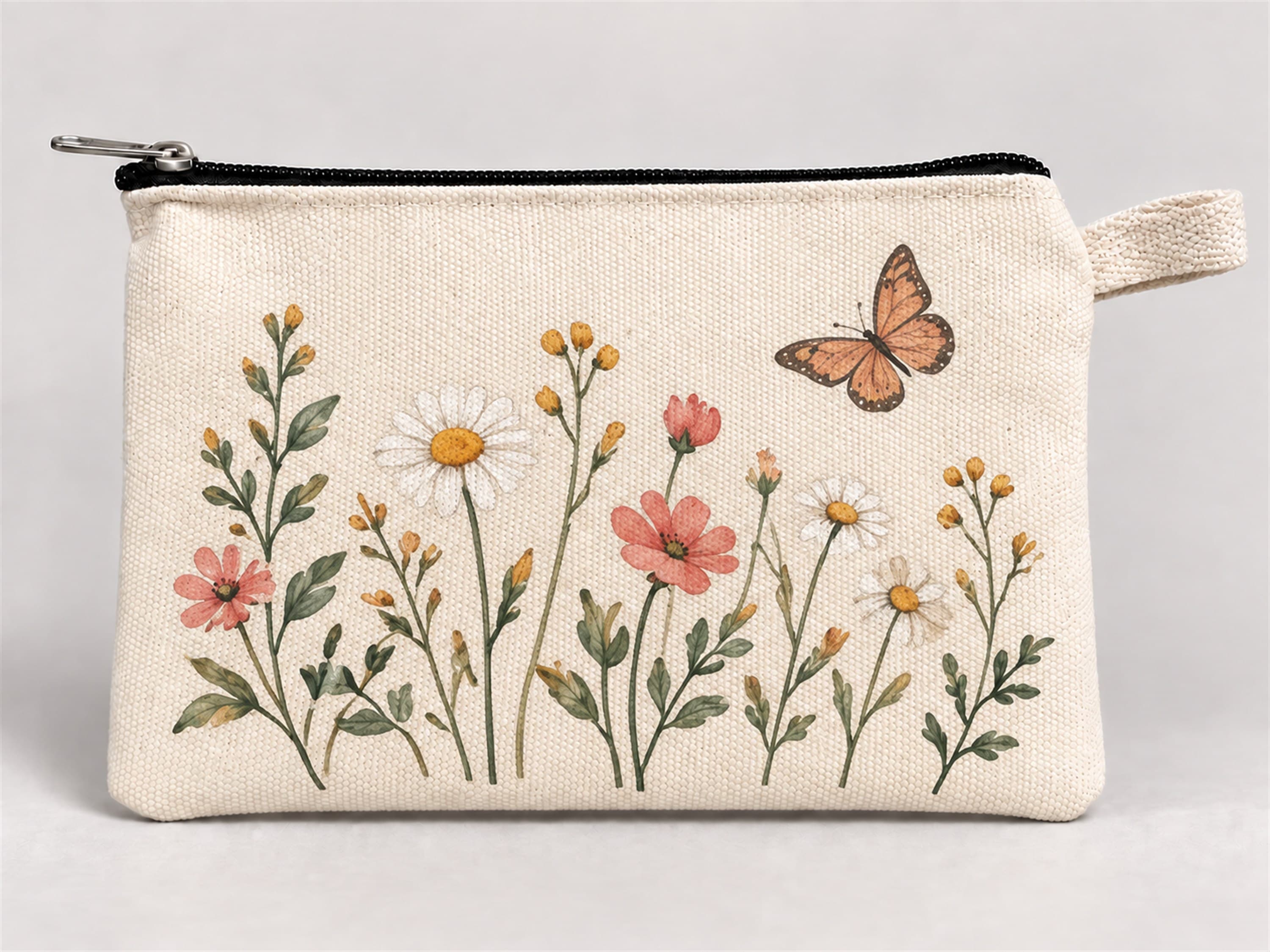 Kelebekli Kır Çiçekleri Baskılı Fermuarlı Kalemlik 20x10 cm Kalem Kutusu Model 01286
