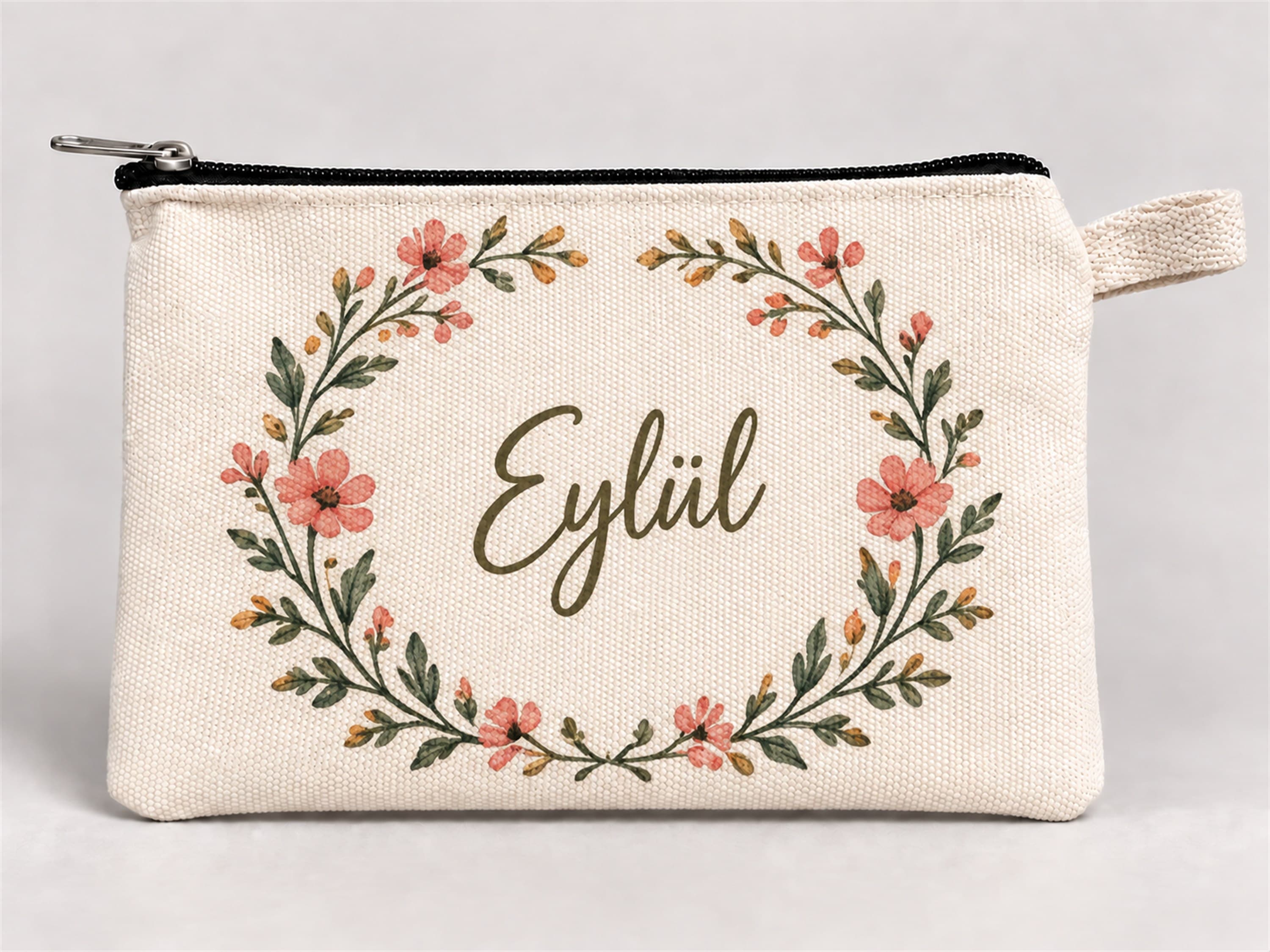 Kişiye Özel Çiçek Çelengi Baskılı Fermuarlı Kalemlik 20x10 cm Kalem Kutusu Model 01292