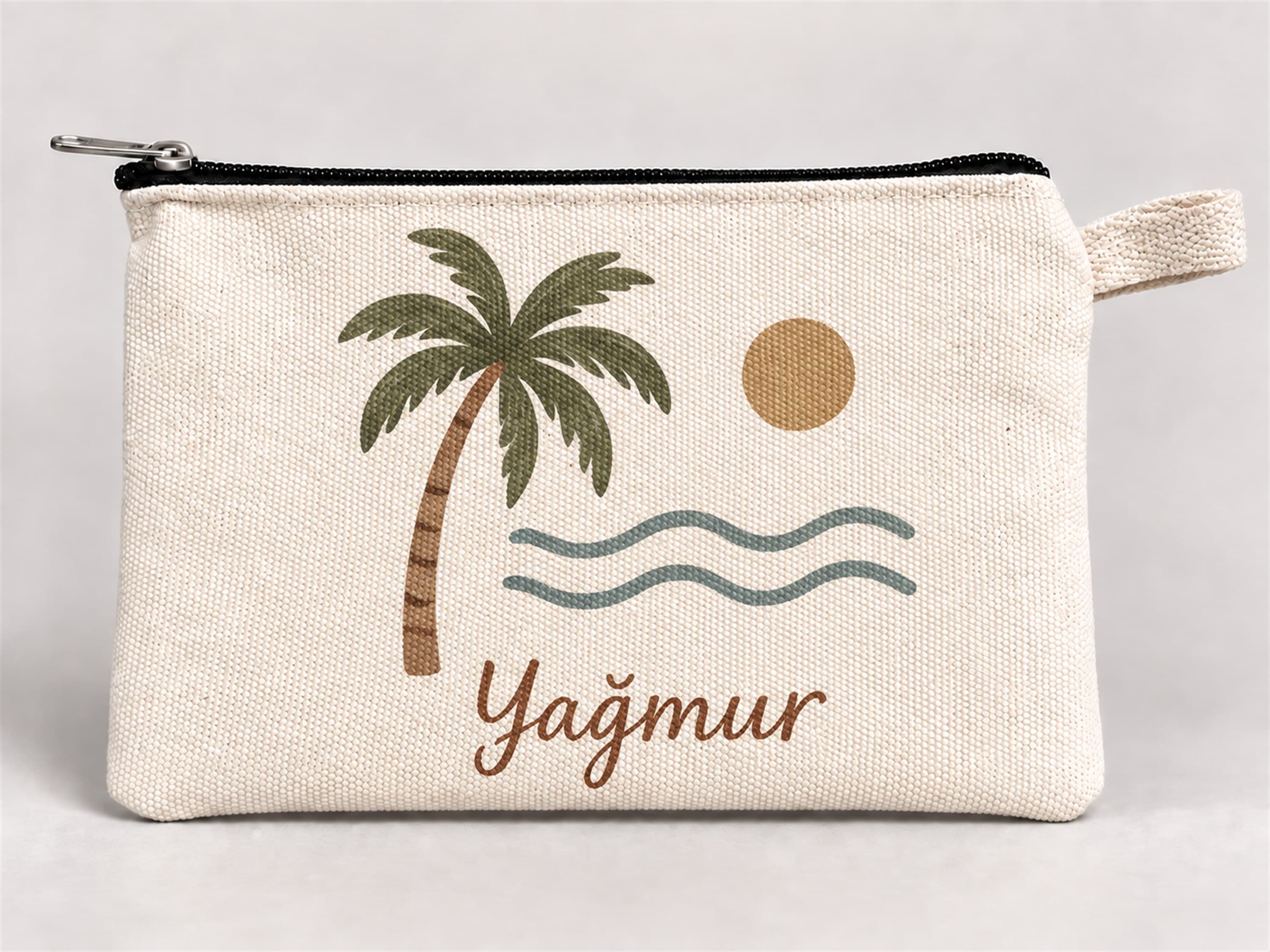 Kişiye Özel Palmiye ve Deniz Baskılı Fermuarlı Kalemlik 20x10 cm Kalem Kutusu
