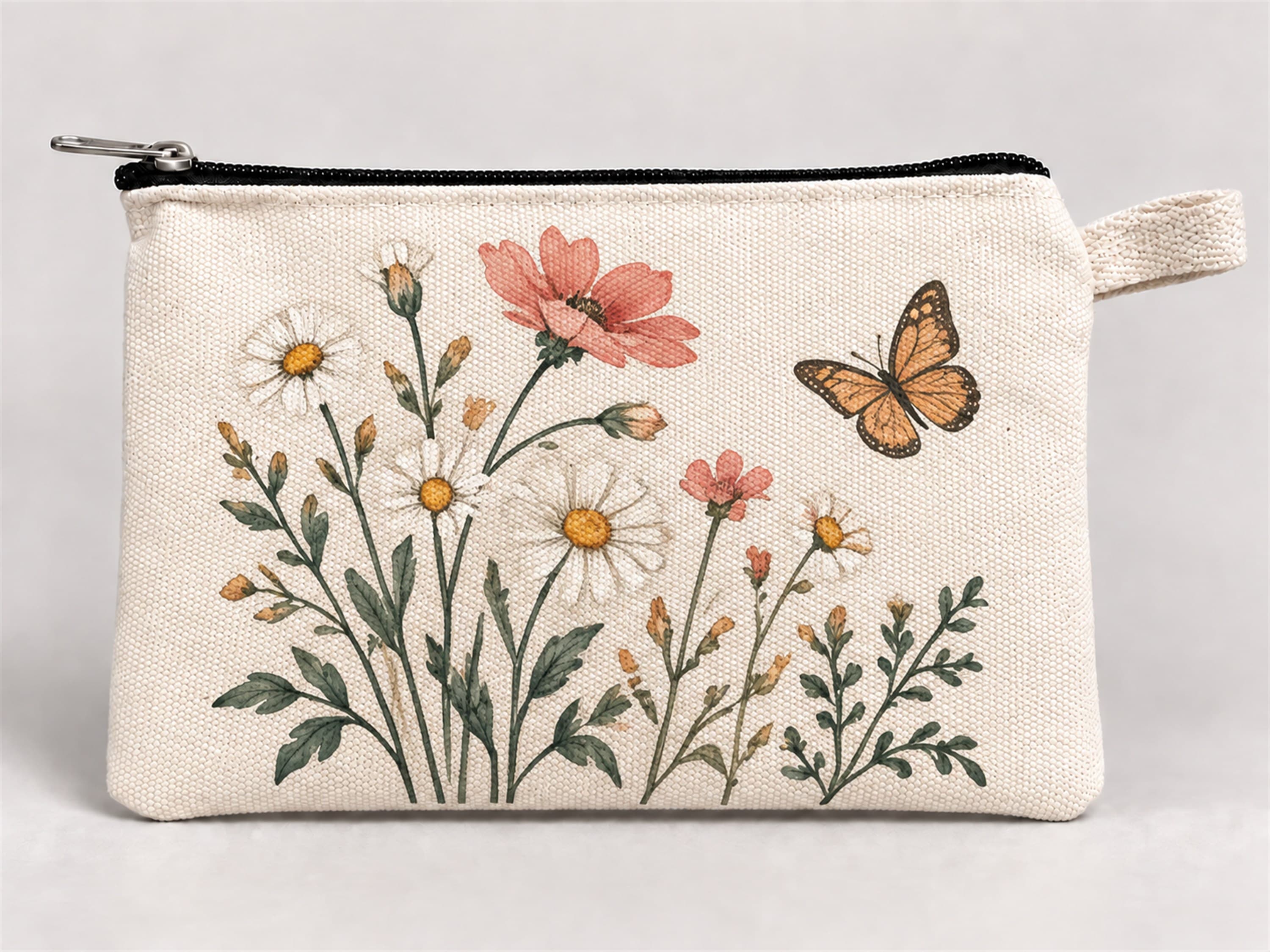 Kelebekli Kır Çiçekleri Baskılı Fermuarlı Kalemlik 20x10 cm Kalem Kutusu Model 01303