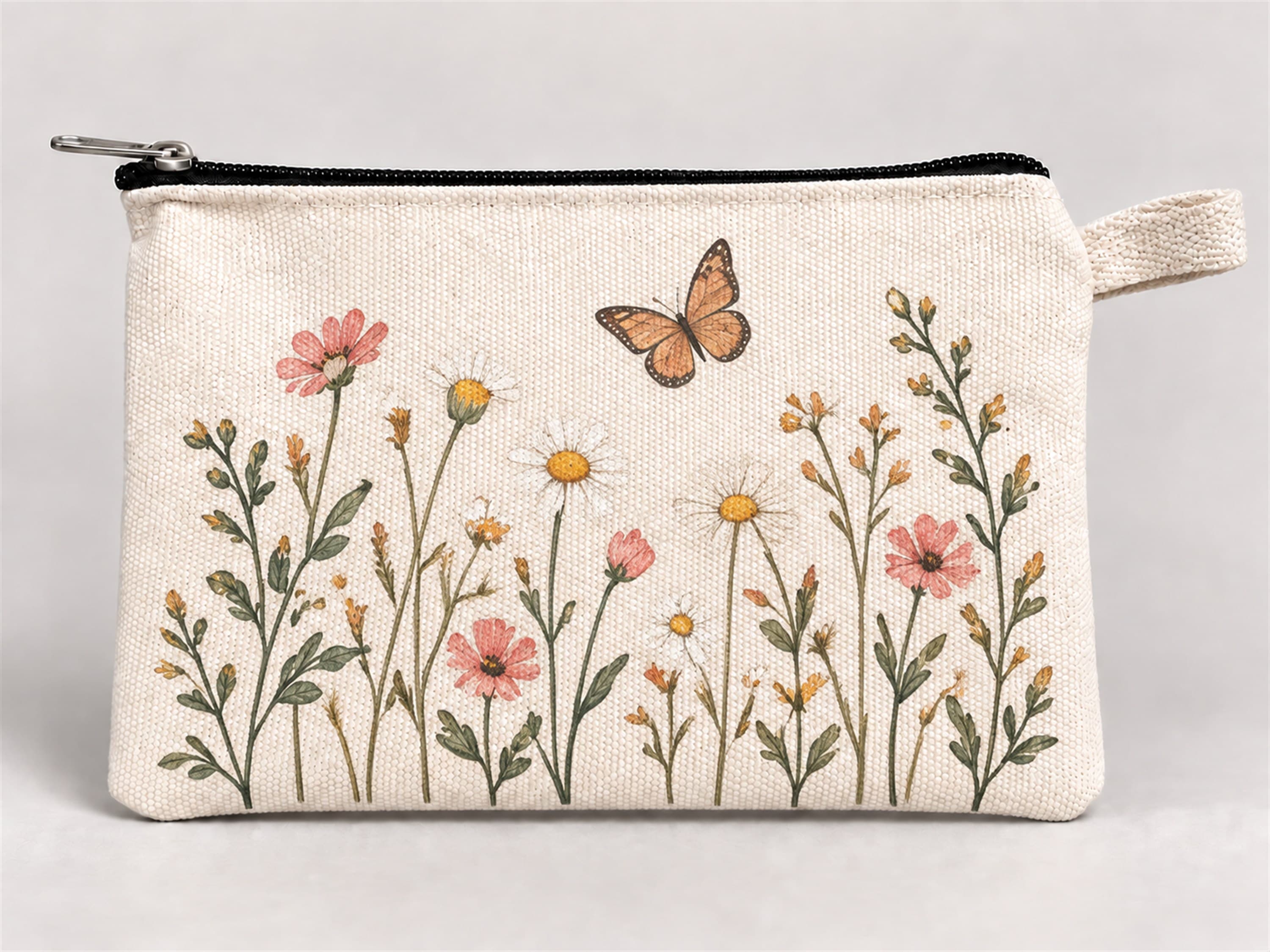 Kelebekli Kır Çiçekleri Baskılı Fermuarlı Kalemlik 20x10 cm Kalem Kutusu Model 01298