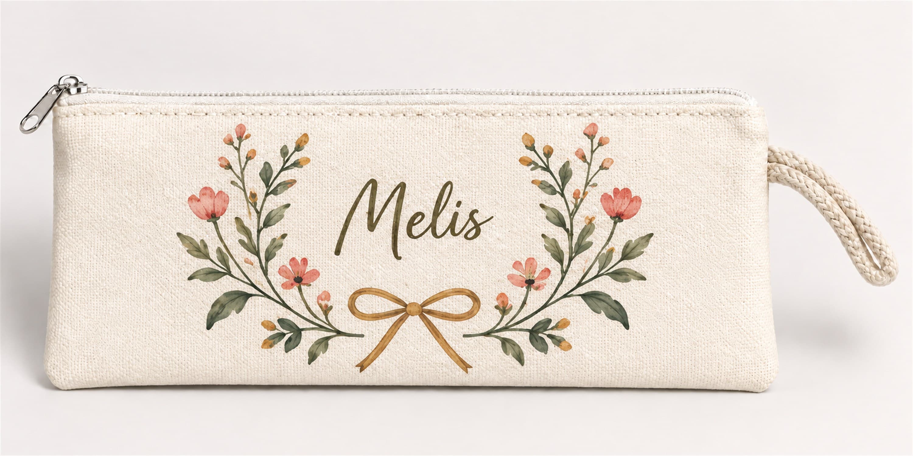 Kişiye Özel Fiyonk Çiçek Çelengi Baskılı Fermuarlı Clutch El Çantası Makyaj Çantası