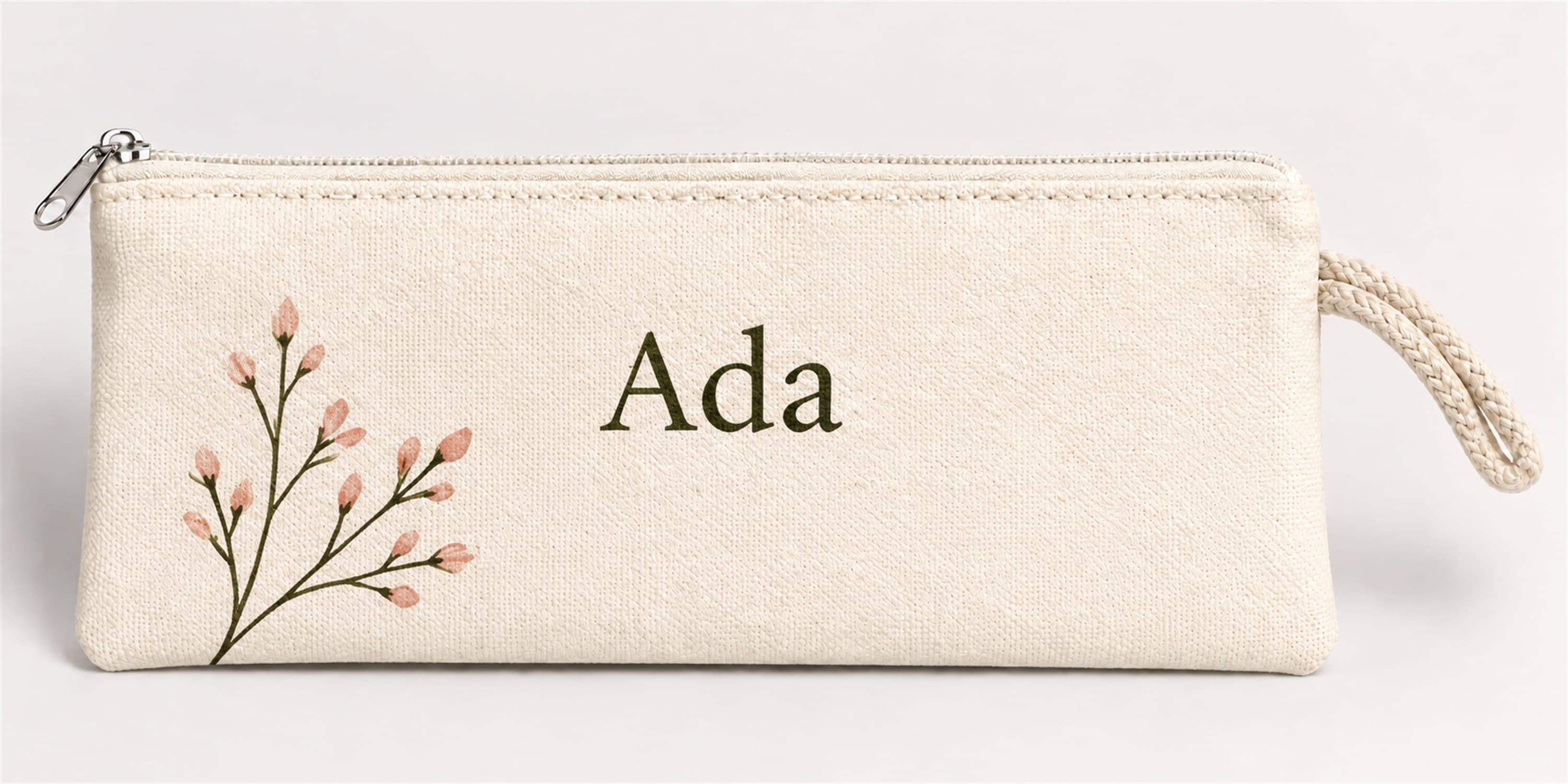 Kişiye Özel Pembe Tomurcuk Dalı Baskılı Fermuarlı Clutch El Çantası Makyaj Çantası